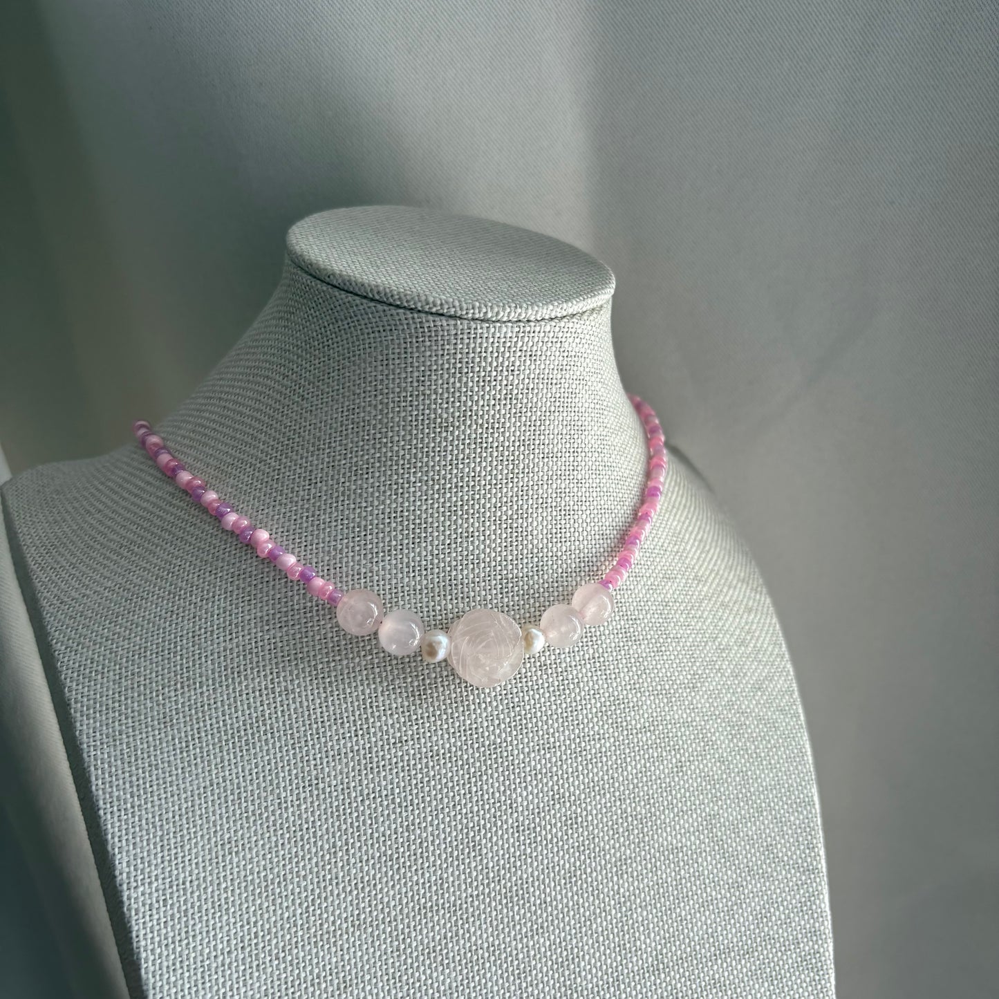 Handmade pink beaded rose quartz crystal choker necklace