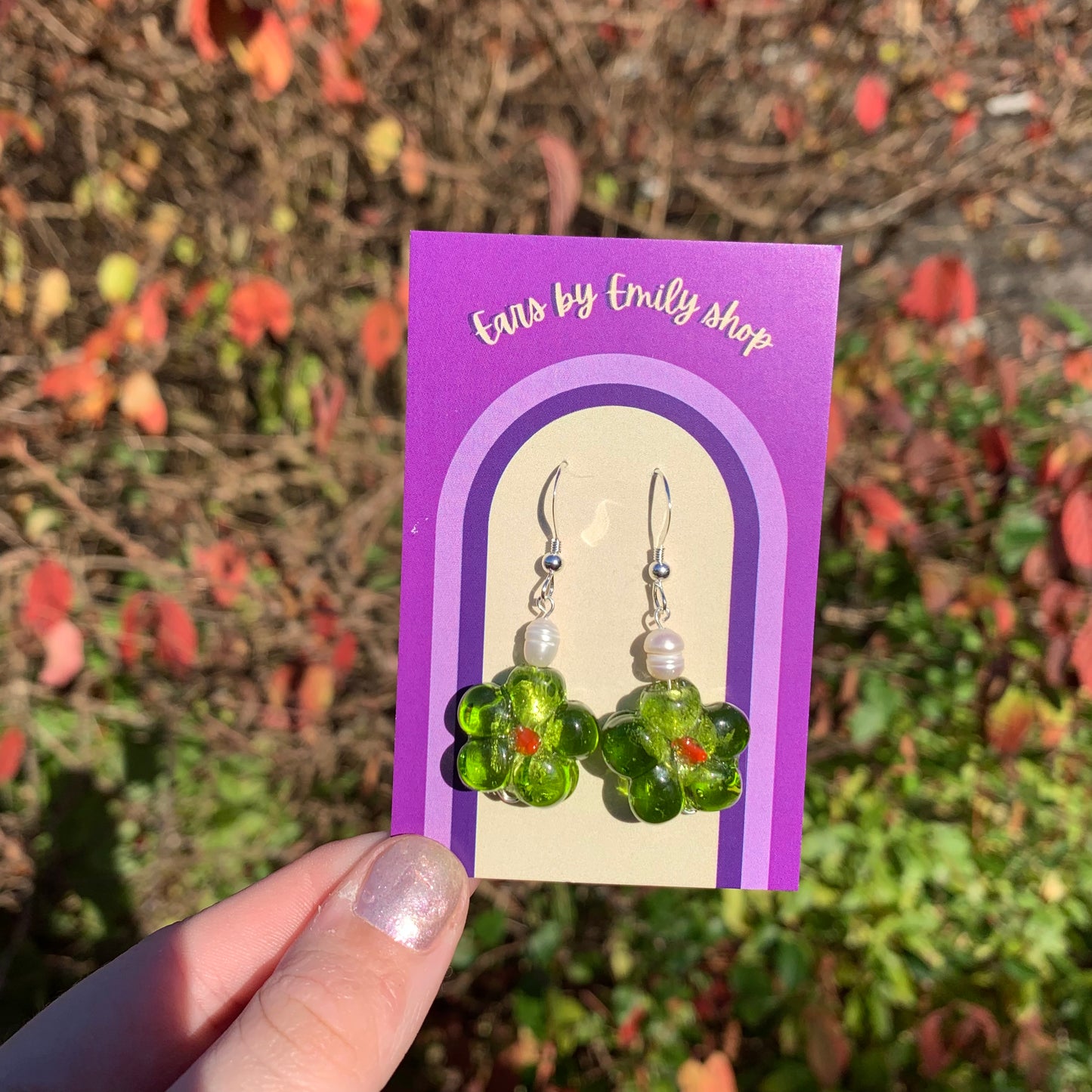 Sterling silver or gold filled green glass flower earrings with freshwater pearls