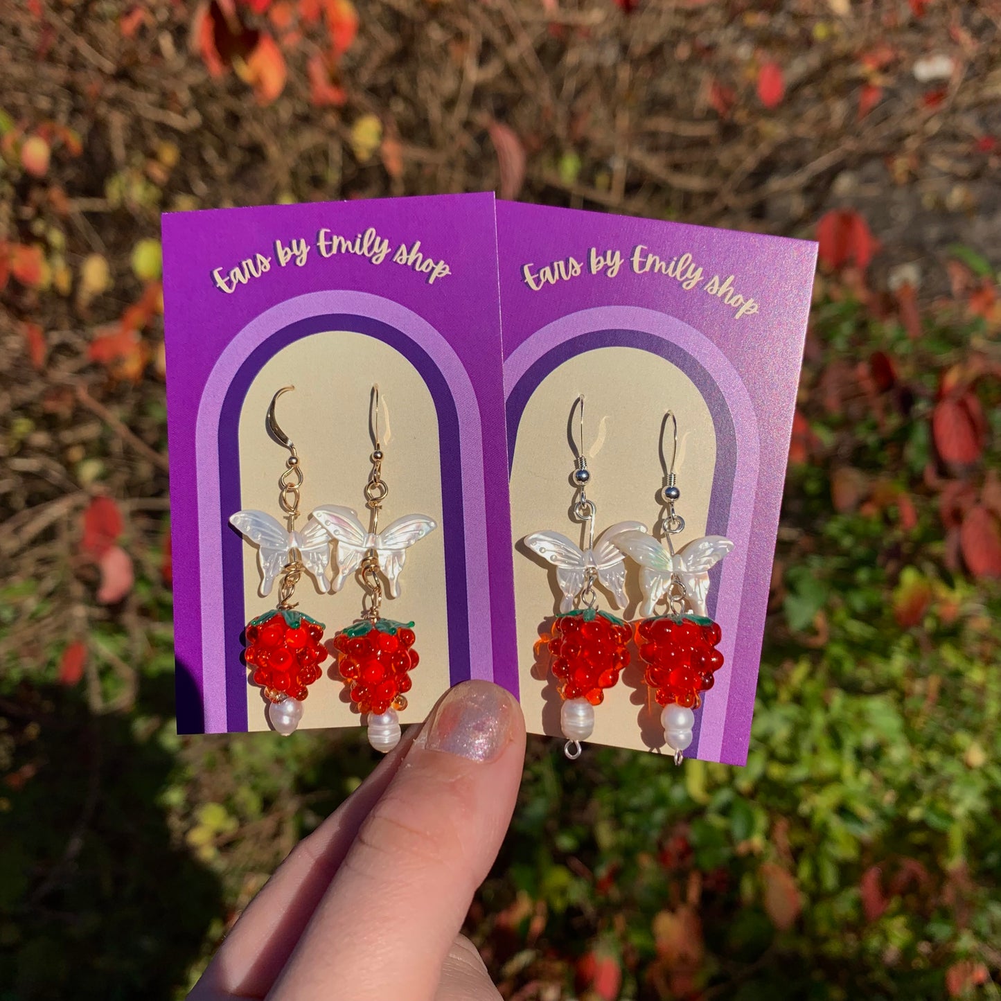 Sterling silver or gold filled mother of pearl butterfly and glass raspberry earrings