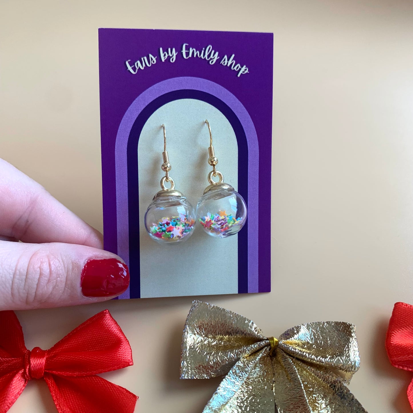 Festive rainbow confetti Christmas bauble gold earrings