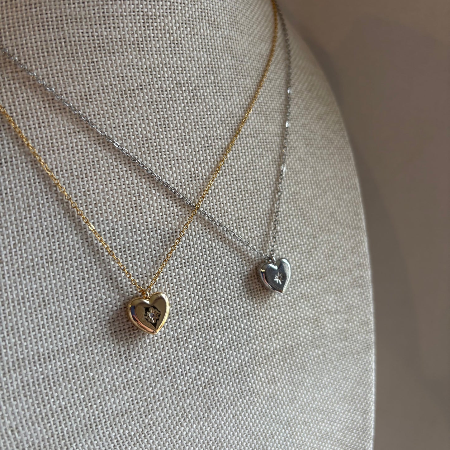 Gold or silver heart pendant with diamanté necklace