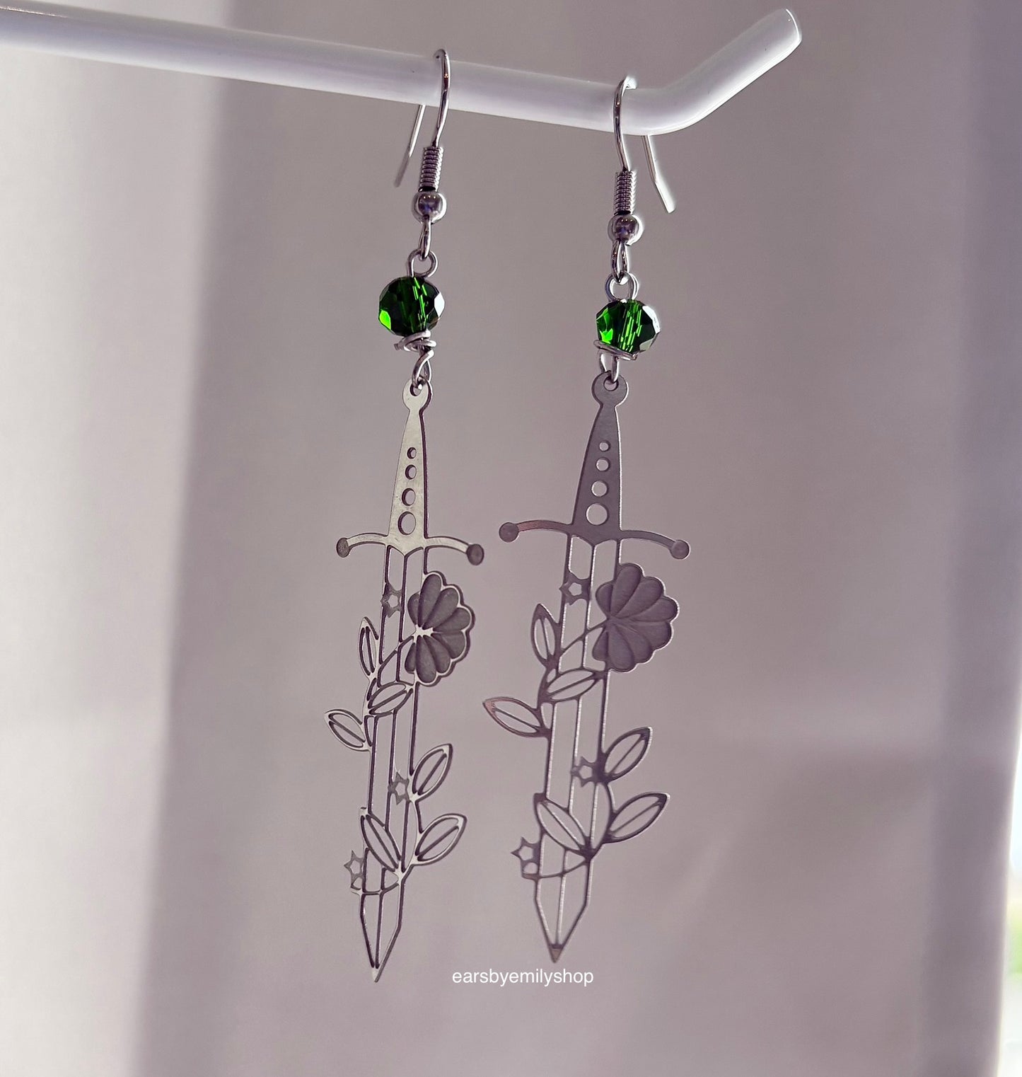 Silver stainless steel floral sword earrings with pink or green beads