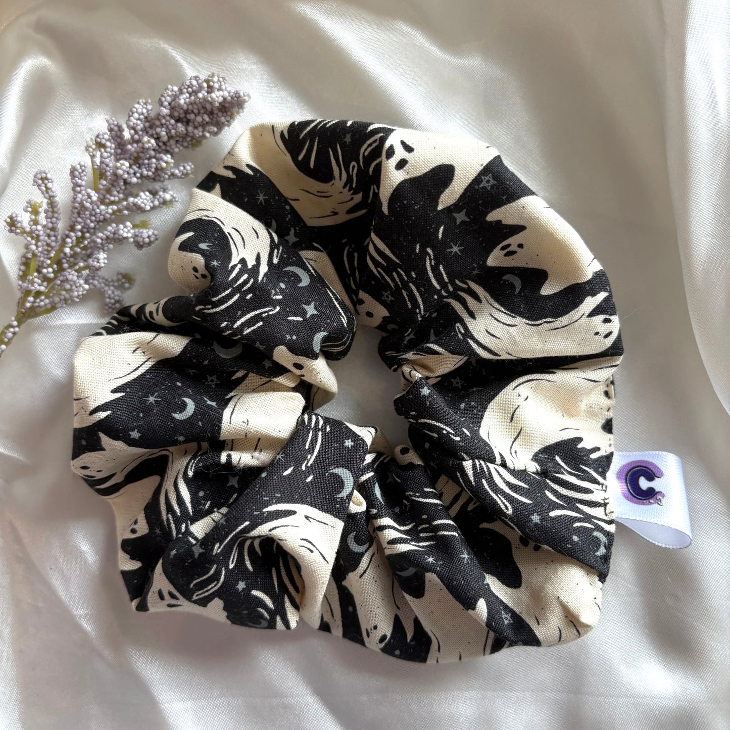 Big handmade black and cream ghost Halloween scrunchie