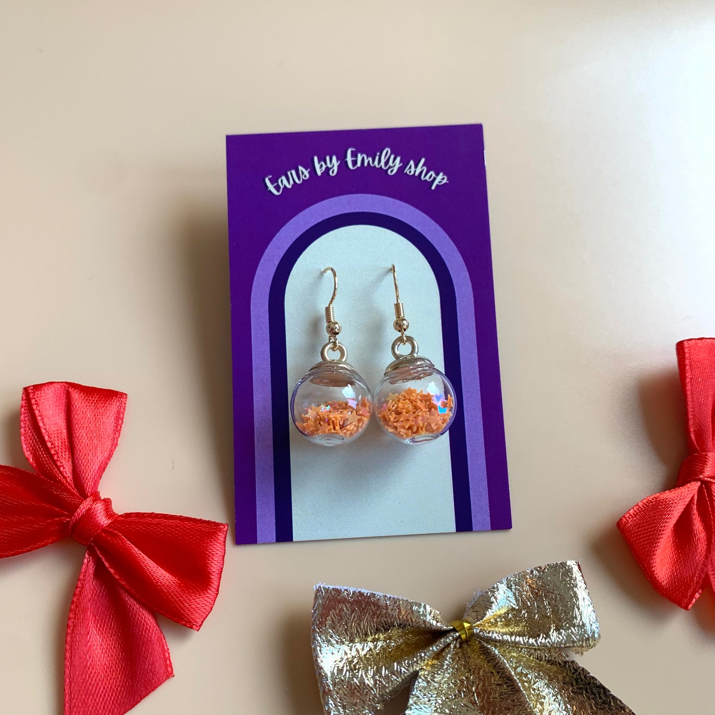 Festive yellow orange or red Christmas bauble gold earrings