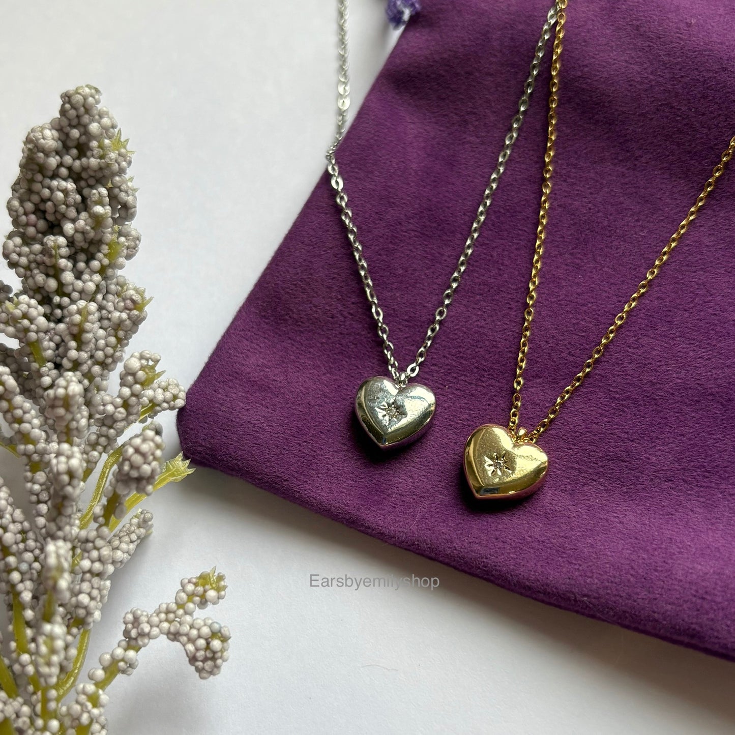 Gold or silver heart pendant with diamanté necklace