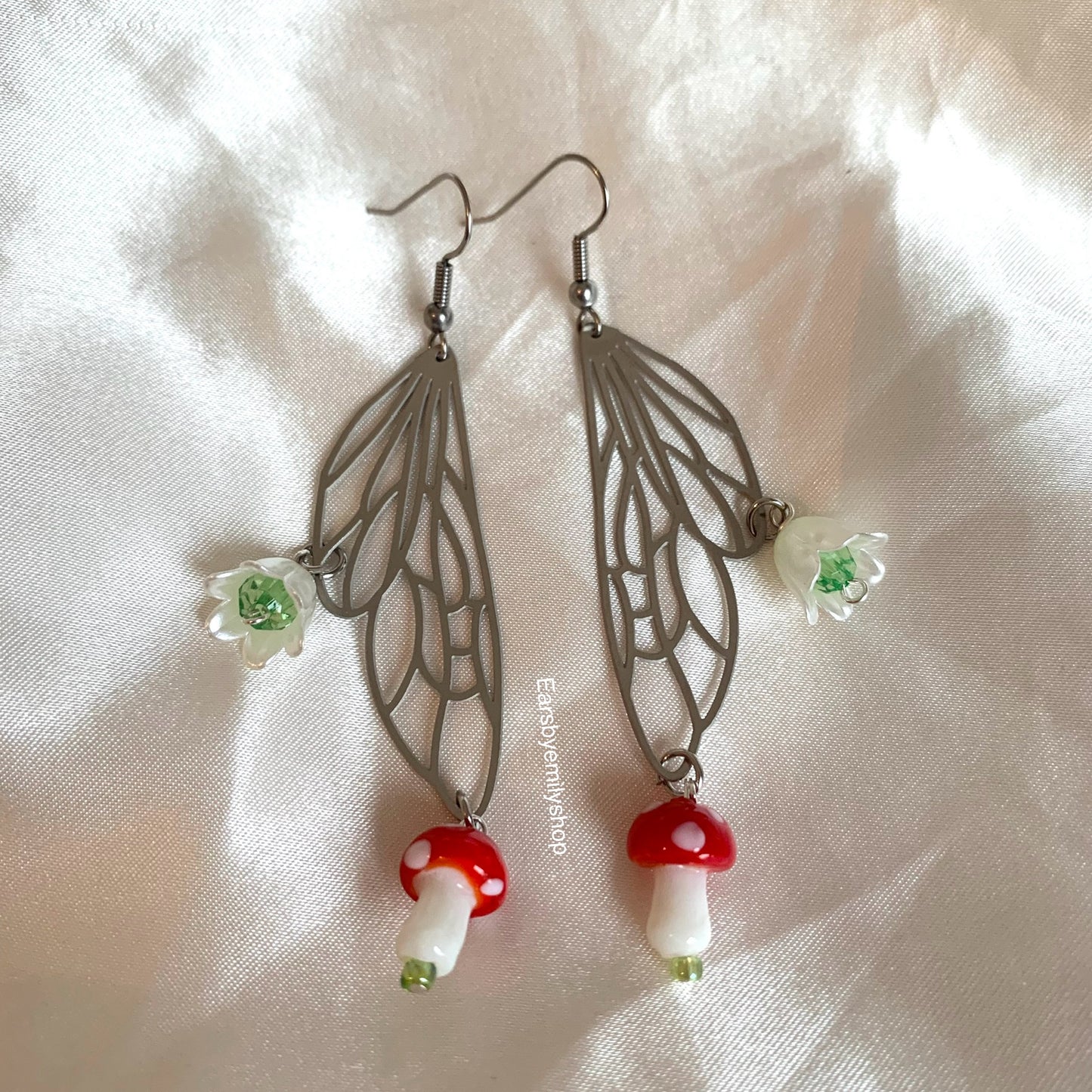 Silver stainless steel butterfly fairy wing earrings with mushrooms and flowers