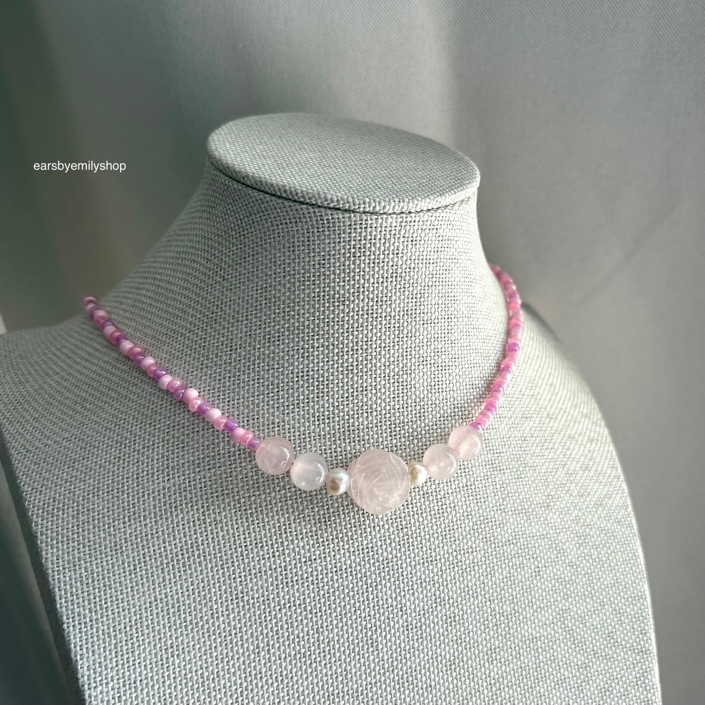 Handmade pink beaded rose quartz crystal choker necklace