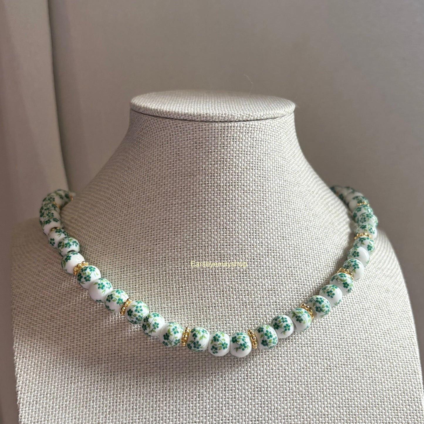 Green and white ceramic beaded 24kt gold plated necklace