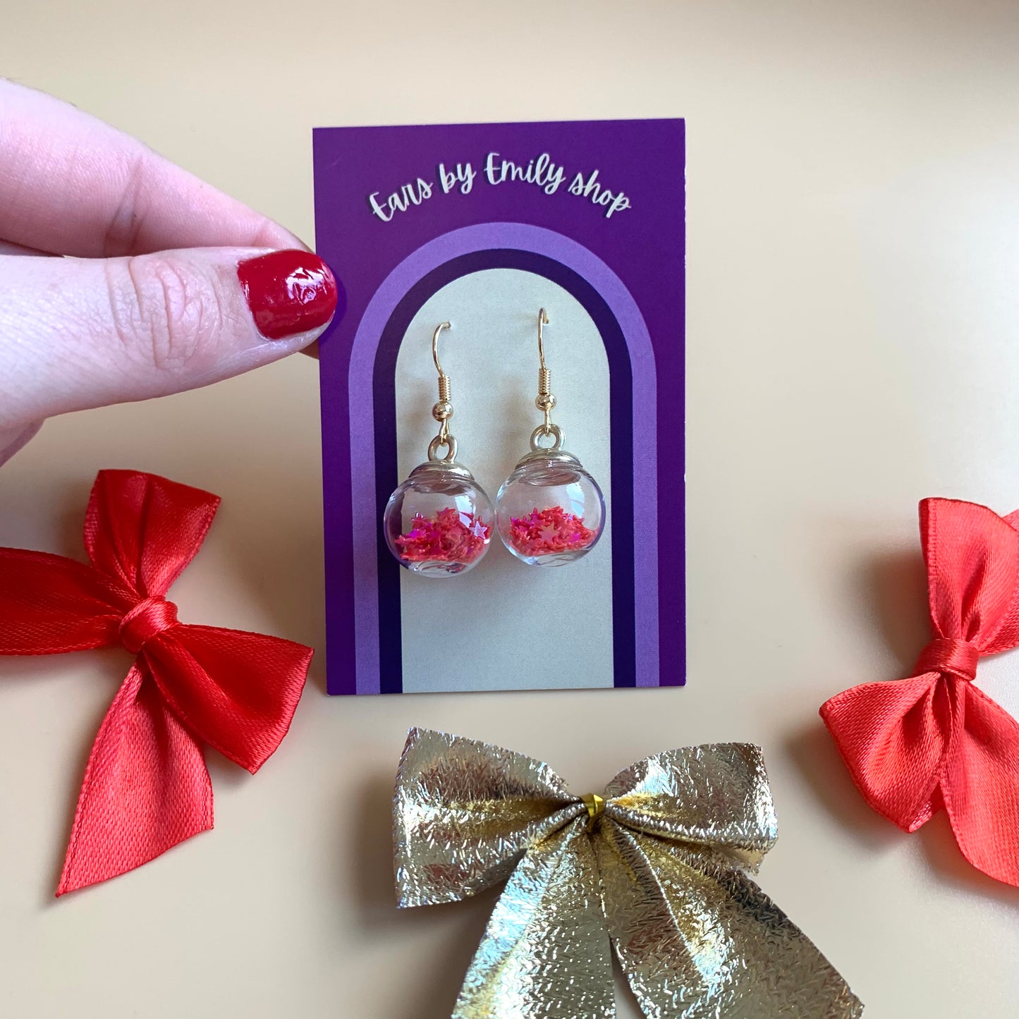 Festive yellow orange or red Christmas bauble gold earrings