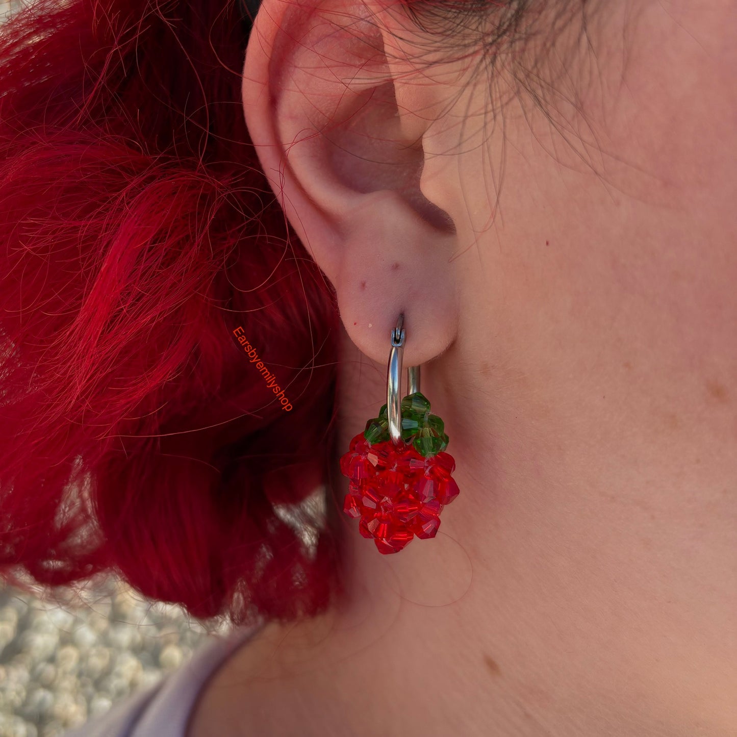 Cool beaded red and green strawberry silver stainless steel hoop earrings