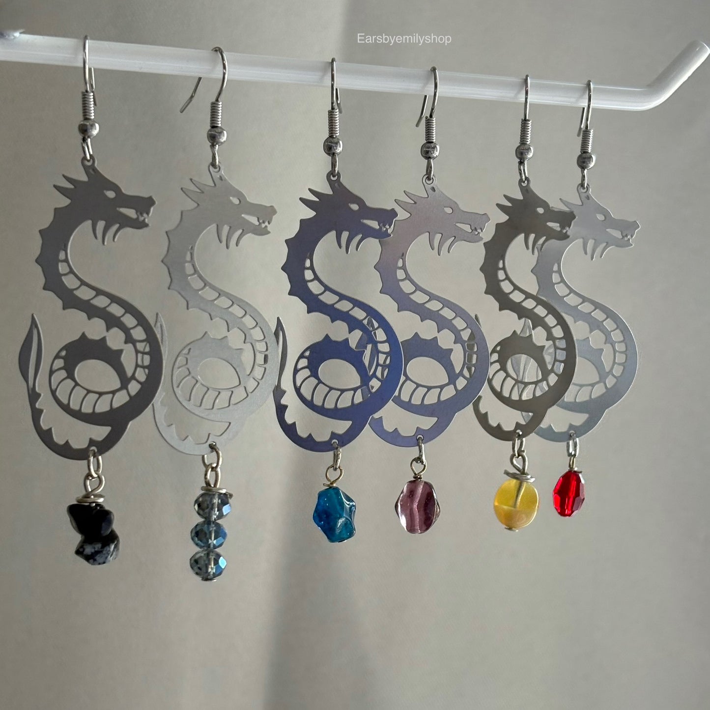 Stainless steel fantasy dragon dangle earrings with colourful bead