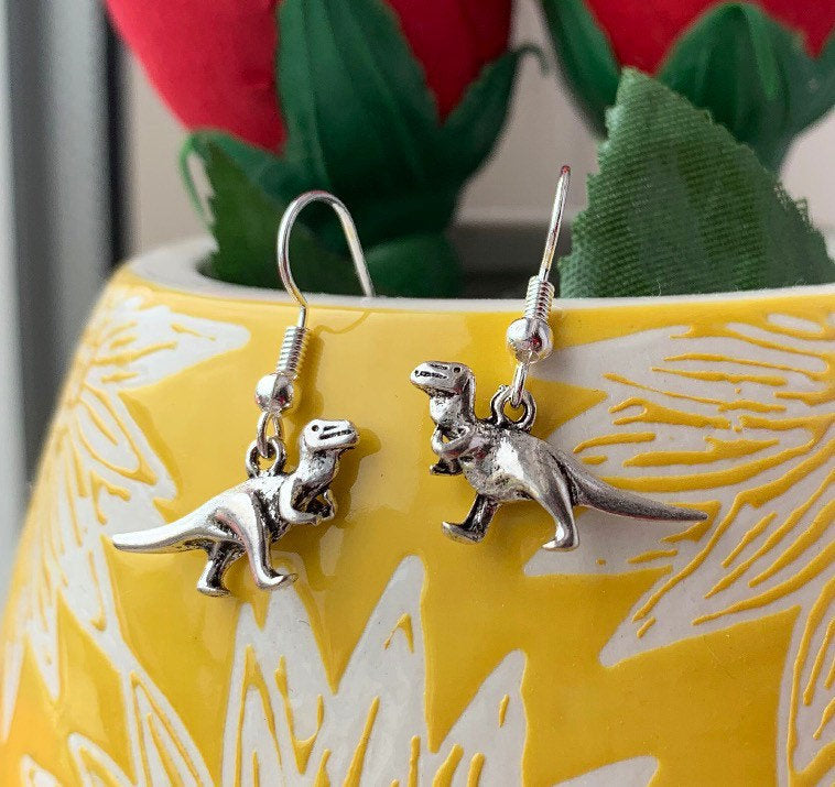 Silver plated trex dinosaur Dino earrings