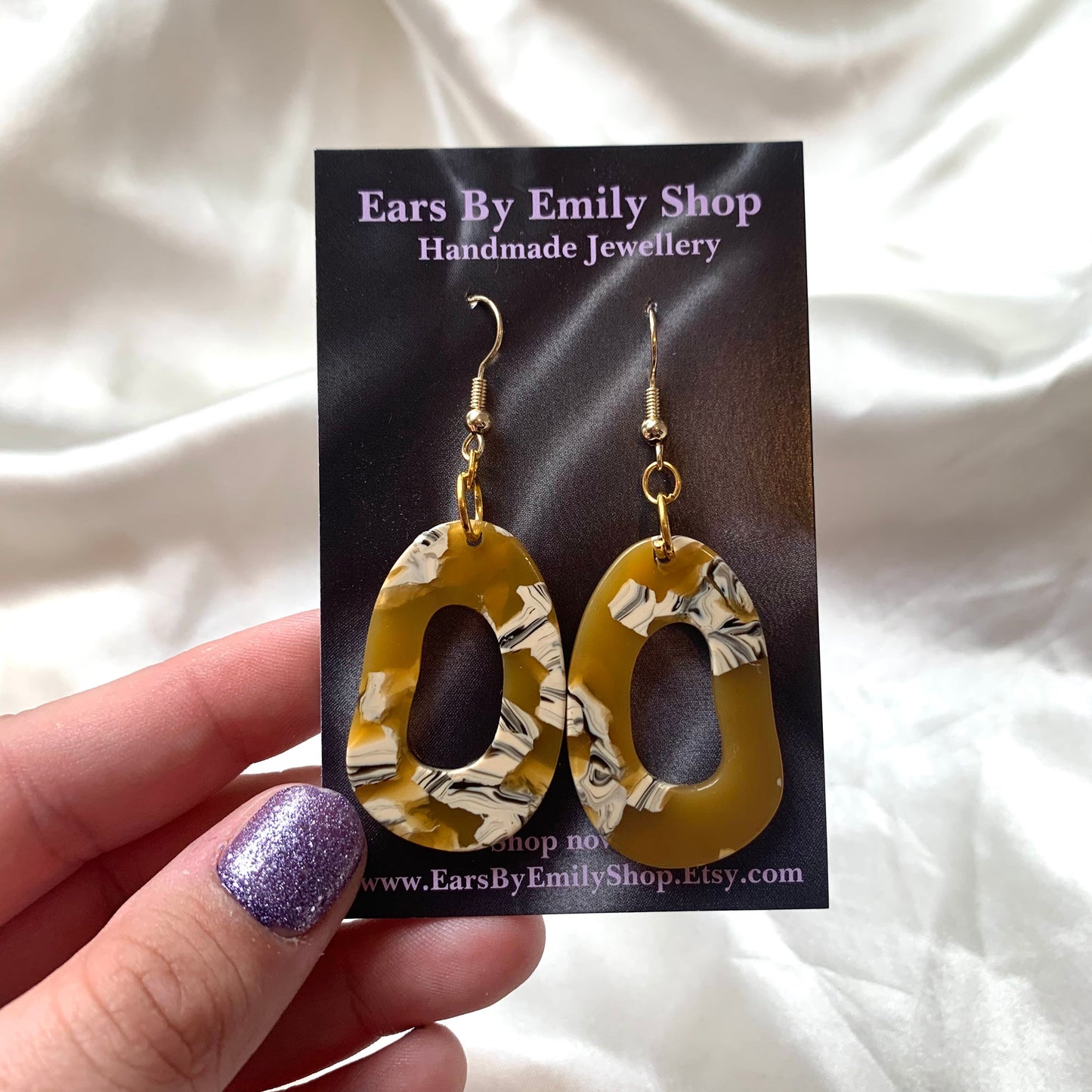 Caramel brown oval abstract gold dangle earrings
