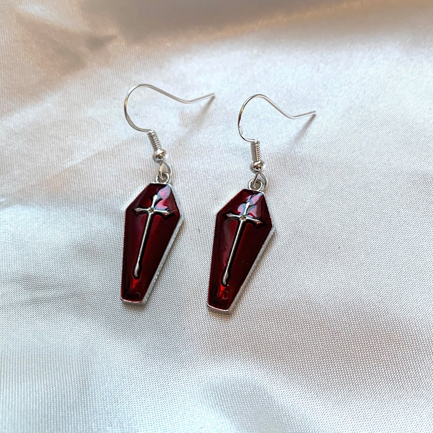 Dark red silver coffin with cross halloween dangle earrings