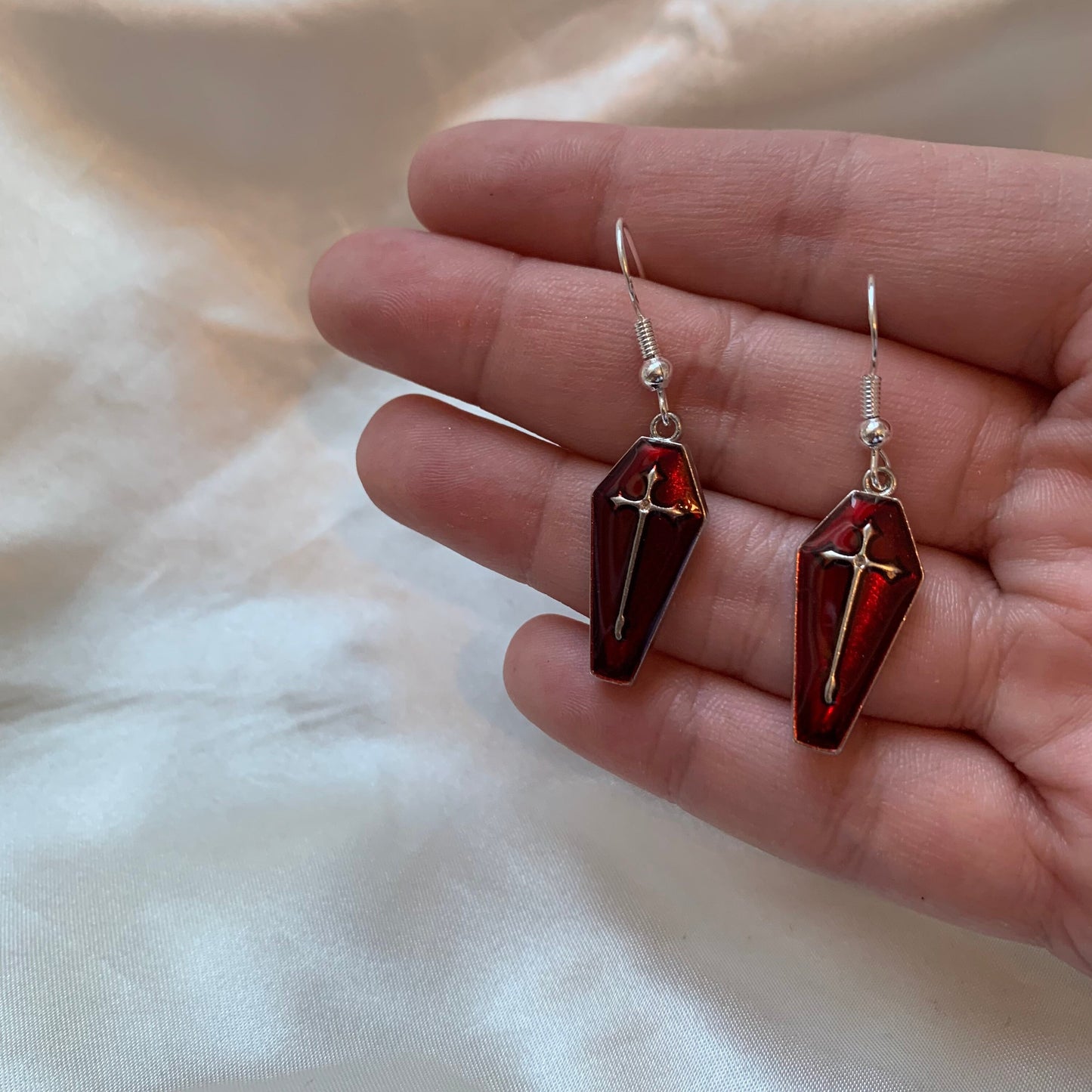 Dark red silver coffin with cross halloween dangle earrings