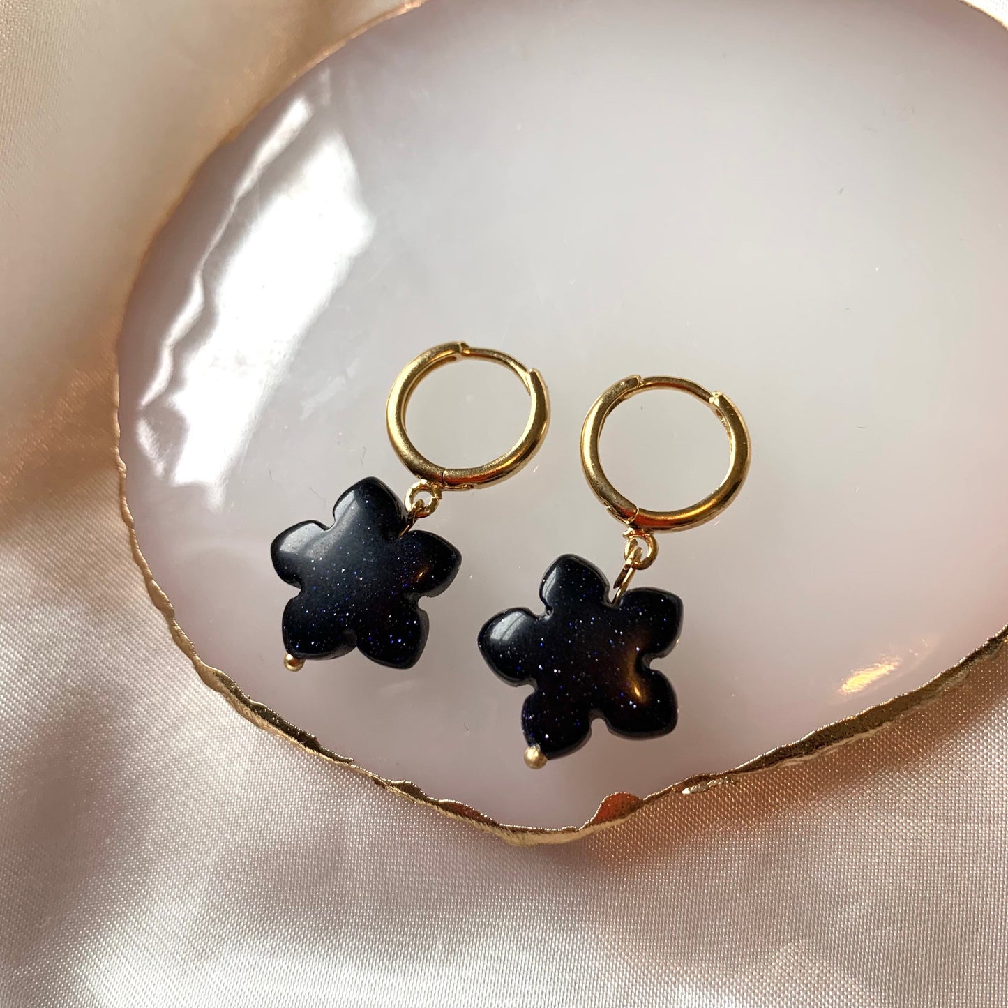 Gold plated semi precious flower crystal huggie hoop drop dangle earrings - rose quartz, carnelian, green aventurine, agate