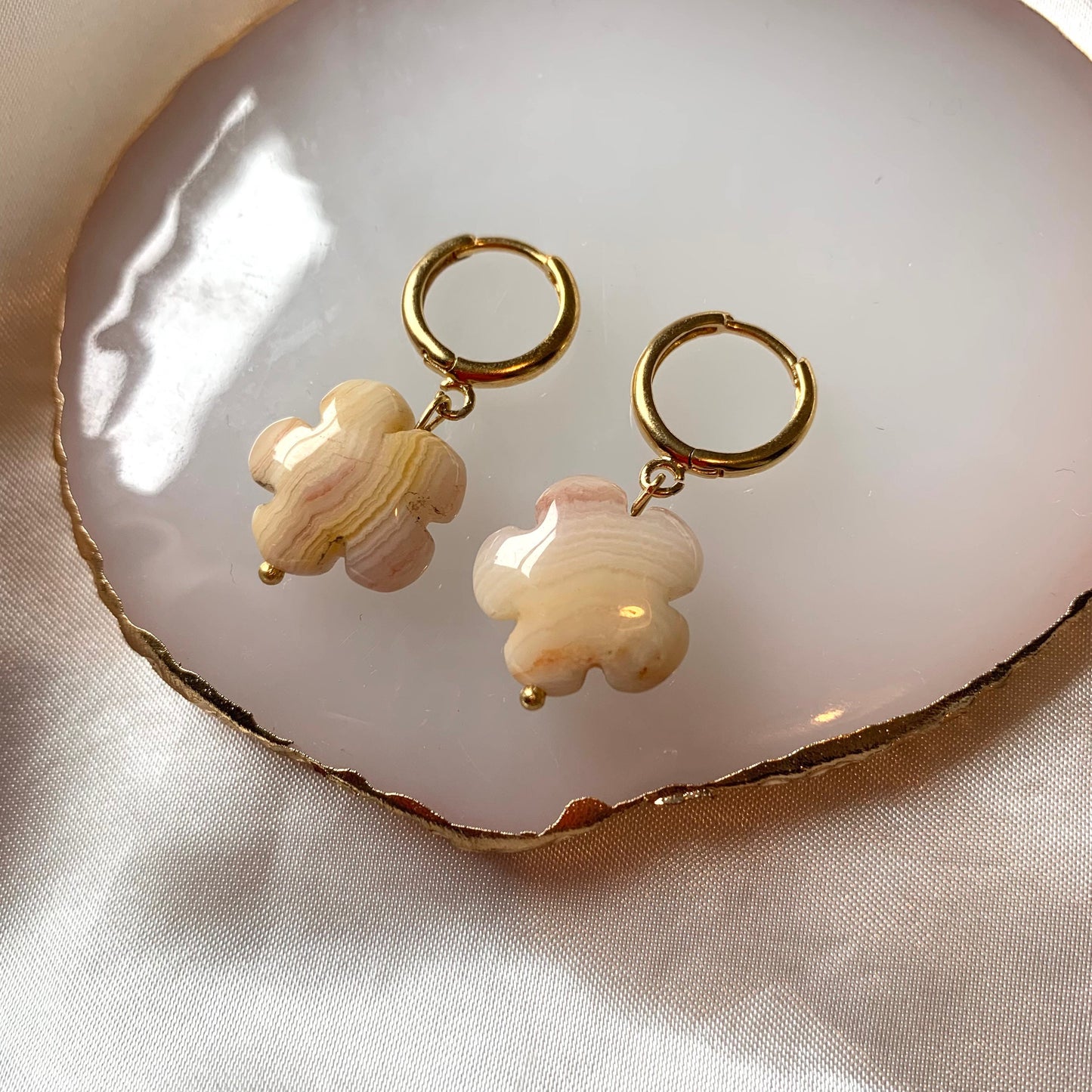 Gold plated semi precious flower crystal huggie hoop drop dangle earrings - rose quartz, carnelian, green aventurine, agate