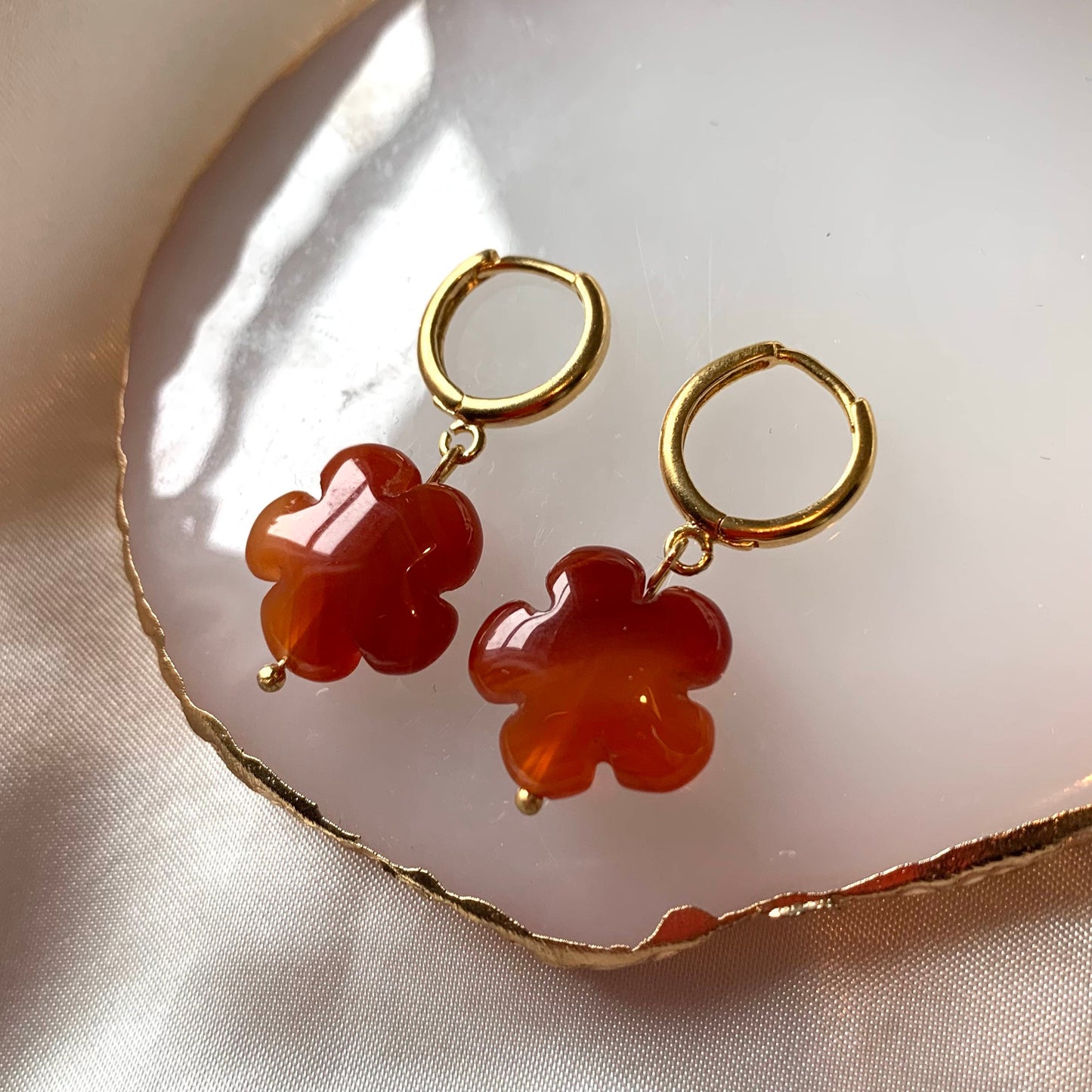 Gold plated semi precious flower crystal huggie hoop drop dangle earrings - rose quartz, carnelian, green aventurine, agate
