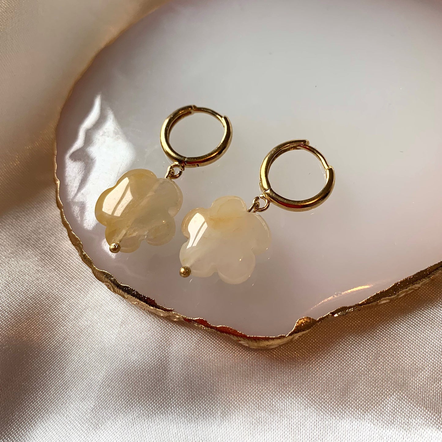 Gold plated semi precious flower crystal huggie hoop drop dangle earrings - rose quartz, carnelian, green aventurine, agate