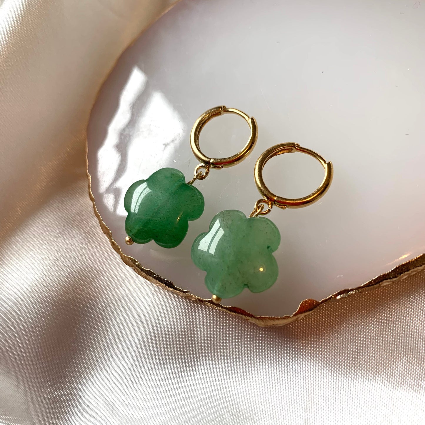 Gold plated semi precious flower crystal huggie hoop drop dangle earrings - rose quartz, carnelian, green aventurine, agate