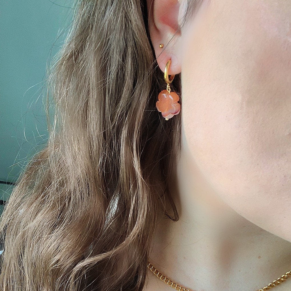 Gold plated semi precious flower crystal huggie hoop drop dangle earrings - rose quartz, carnelian, green aventurine, agate