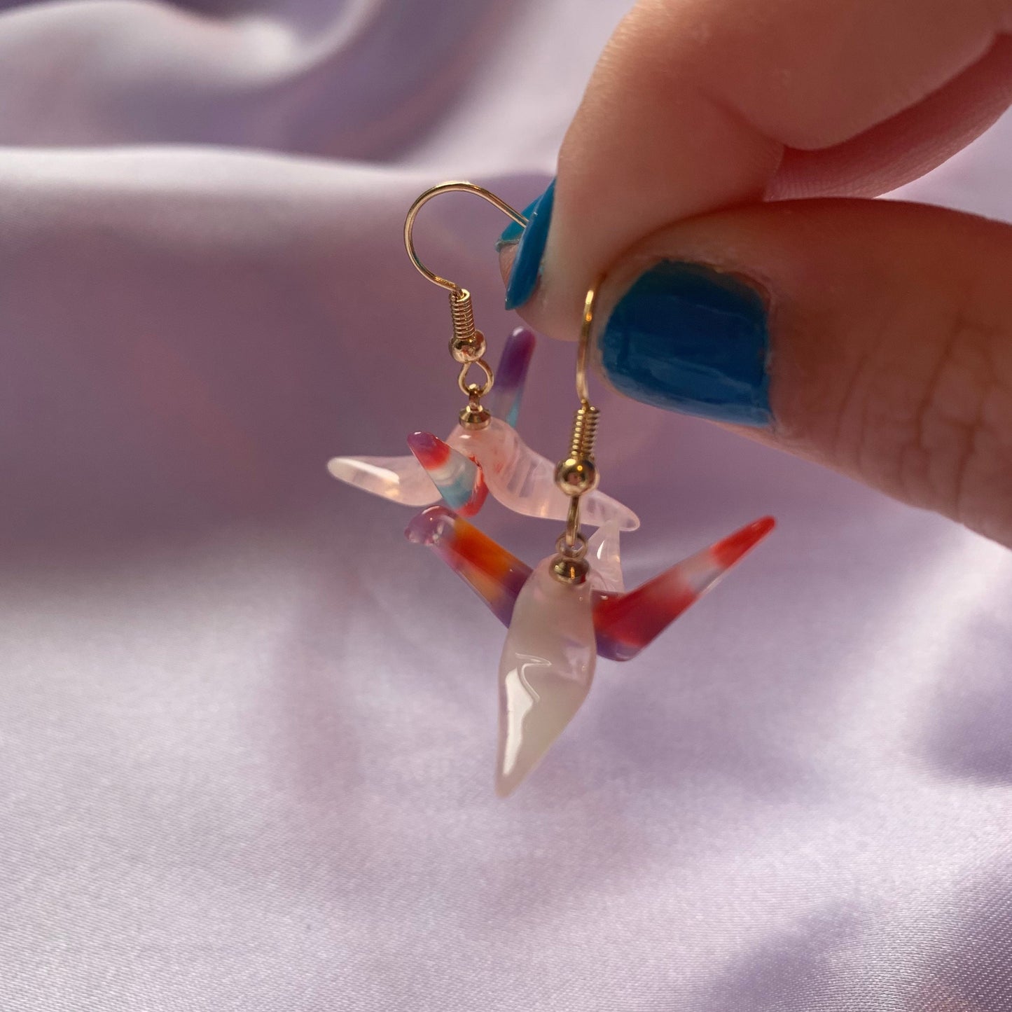 Multicolored pink origami crane bird dangle gold earrings