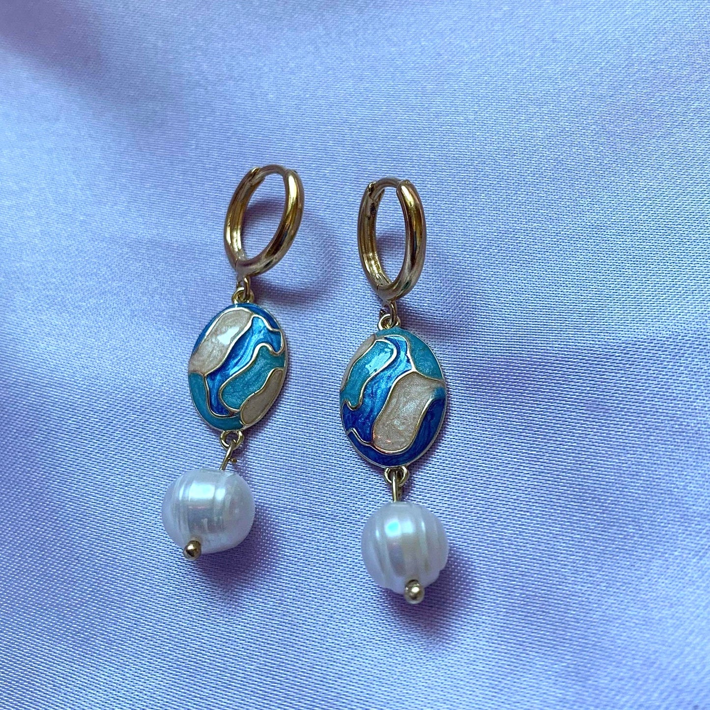 Gorgeous blue and cream enamel oval and freshwater pearl drop dangle earrings handmade on a 18k gold plated hoop