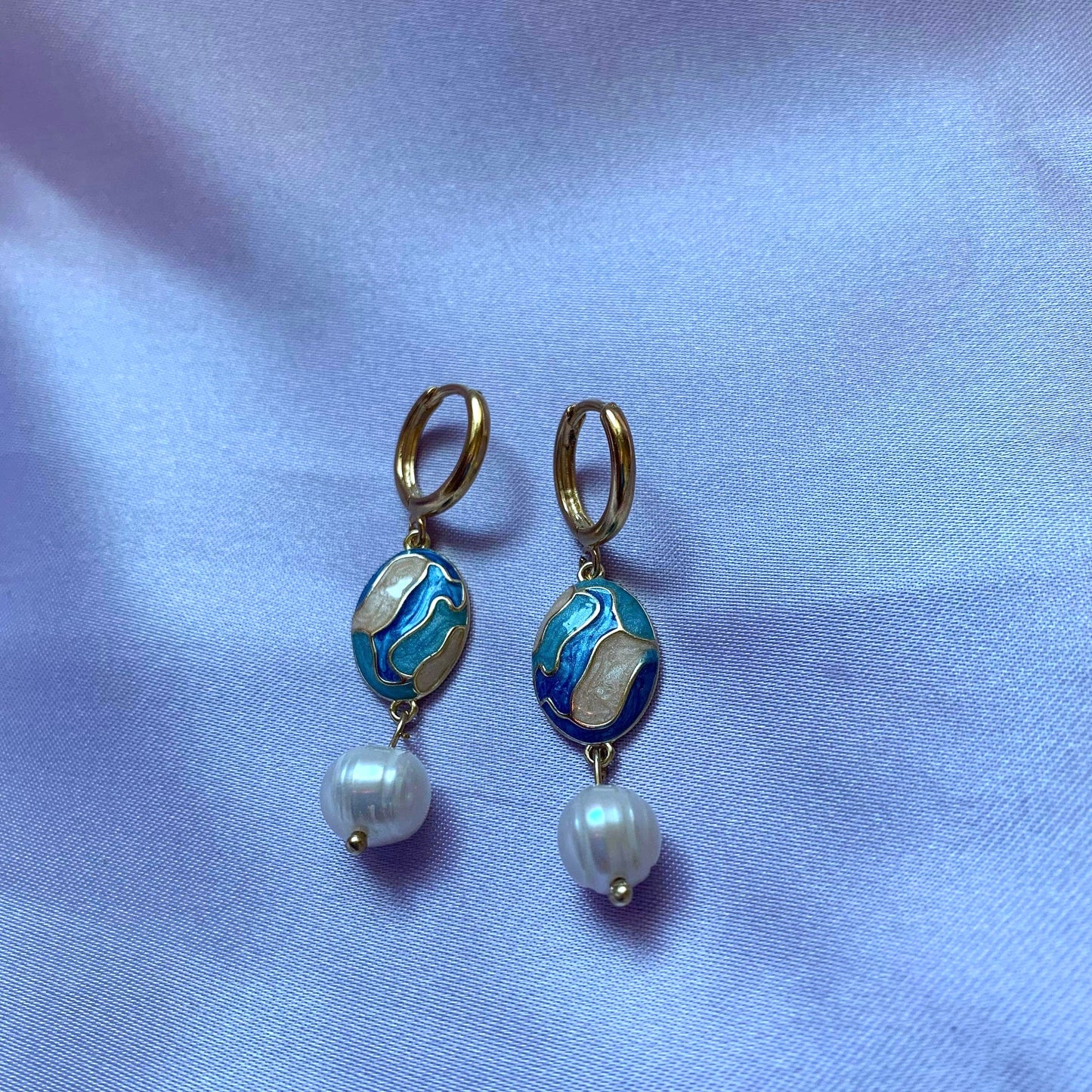 Gorgeous blue and cream enamel oval and freshwater pearl drop dangle earrings handmade on a 18k gold plated hoop