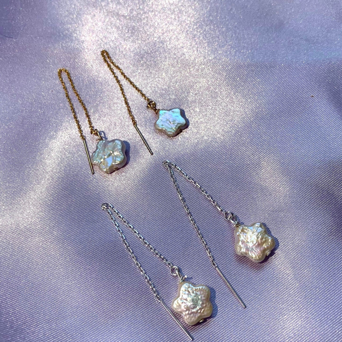Sterling silver or 14k gold filled fresh water flower pearl threader dangle earrings