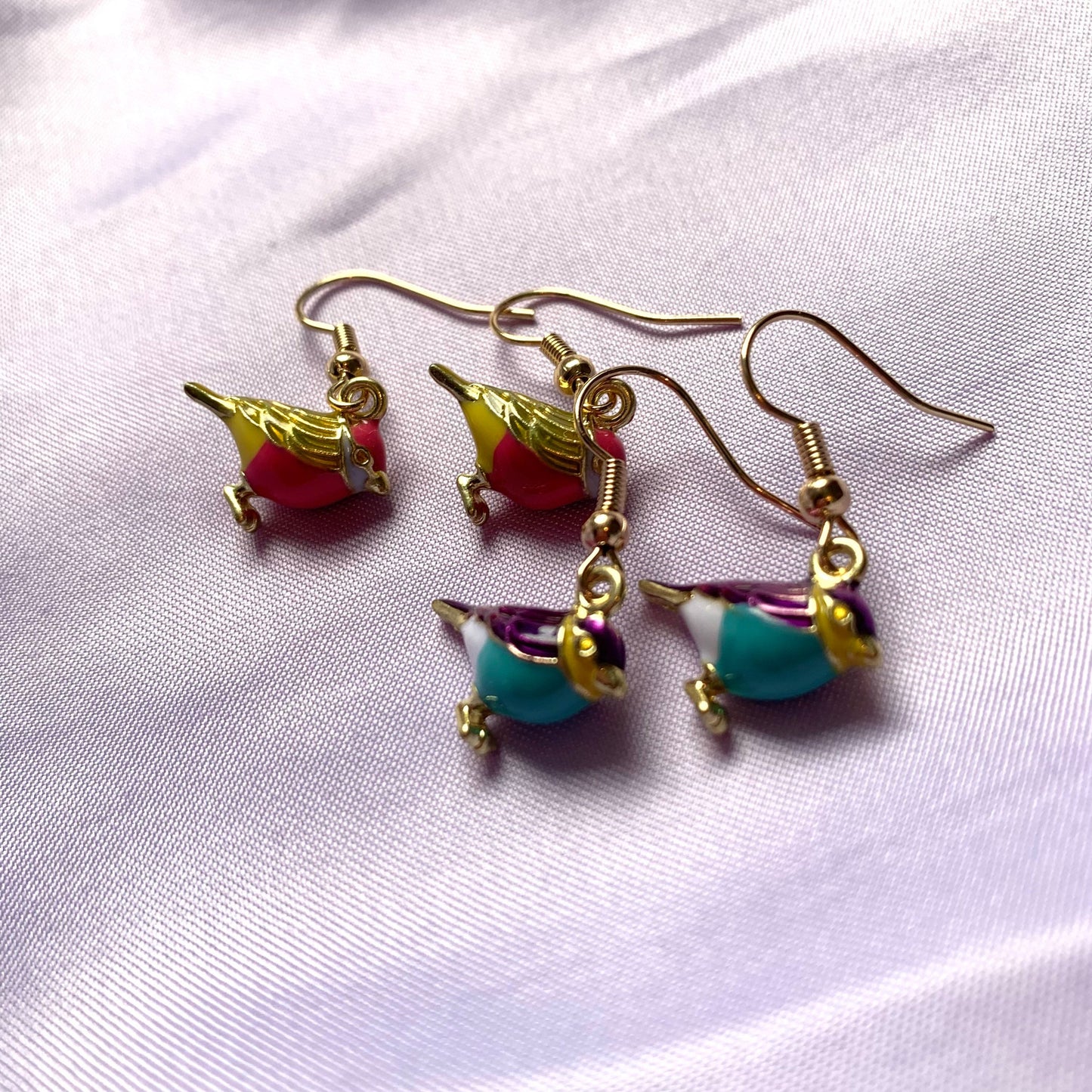 Blue or pink bird budgie gold dangle earrings