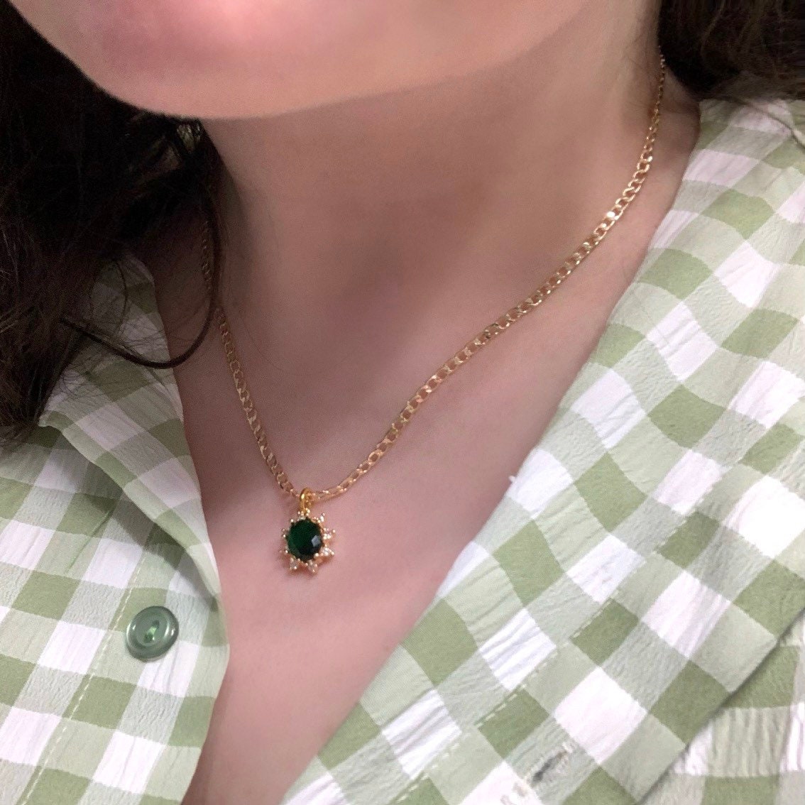 Gorgeous gold plated oval green crystal handmade drop dangle half hoop stud earrings, necklace or jewellery set/gift