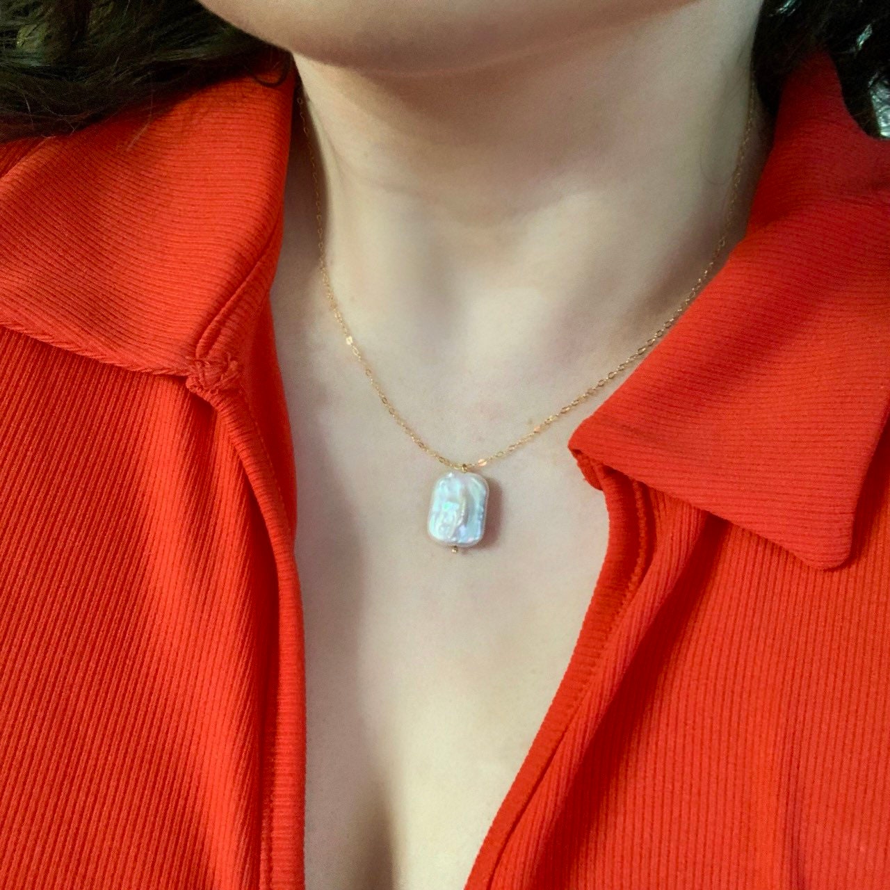 Large nucleated rectangular freshwater pearl sterling silver or 14k gold filled earrings and necklace