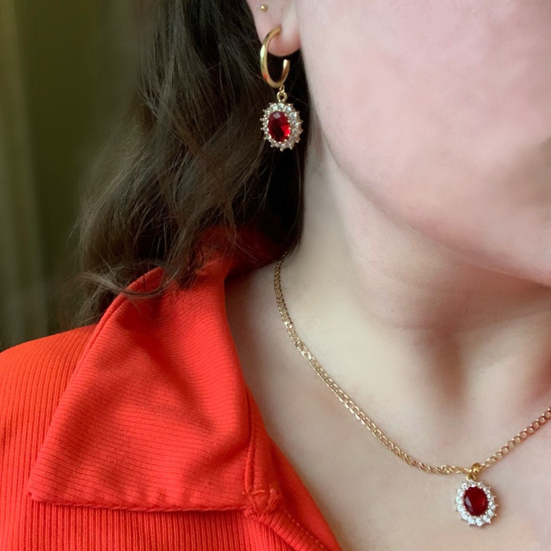 Gold plated red oval crystal with diamanté necklace, earrings or jewellery set