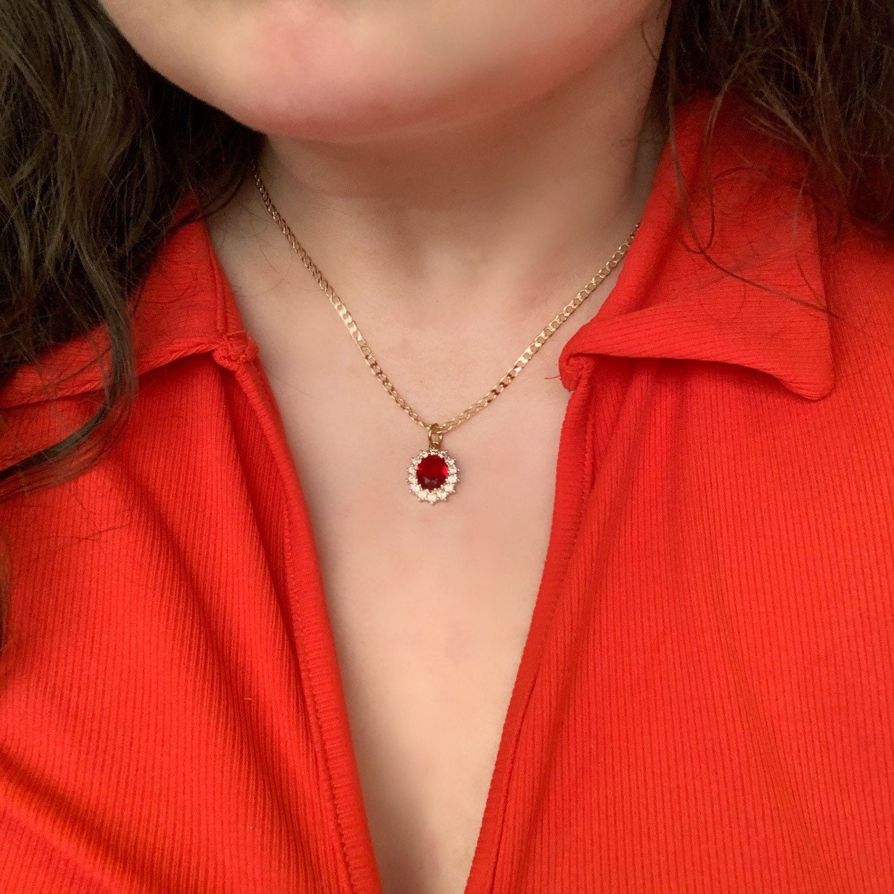 Gold plated red oval crystal with diamanté necklace, earrings or jewellery set