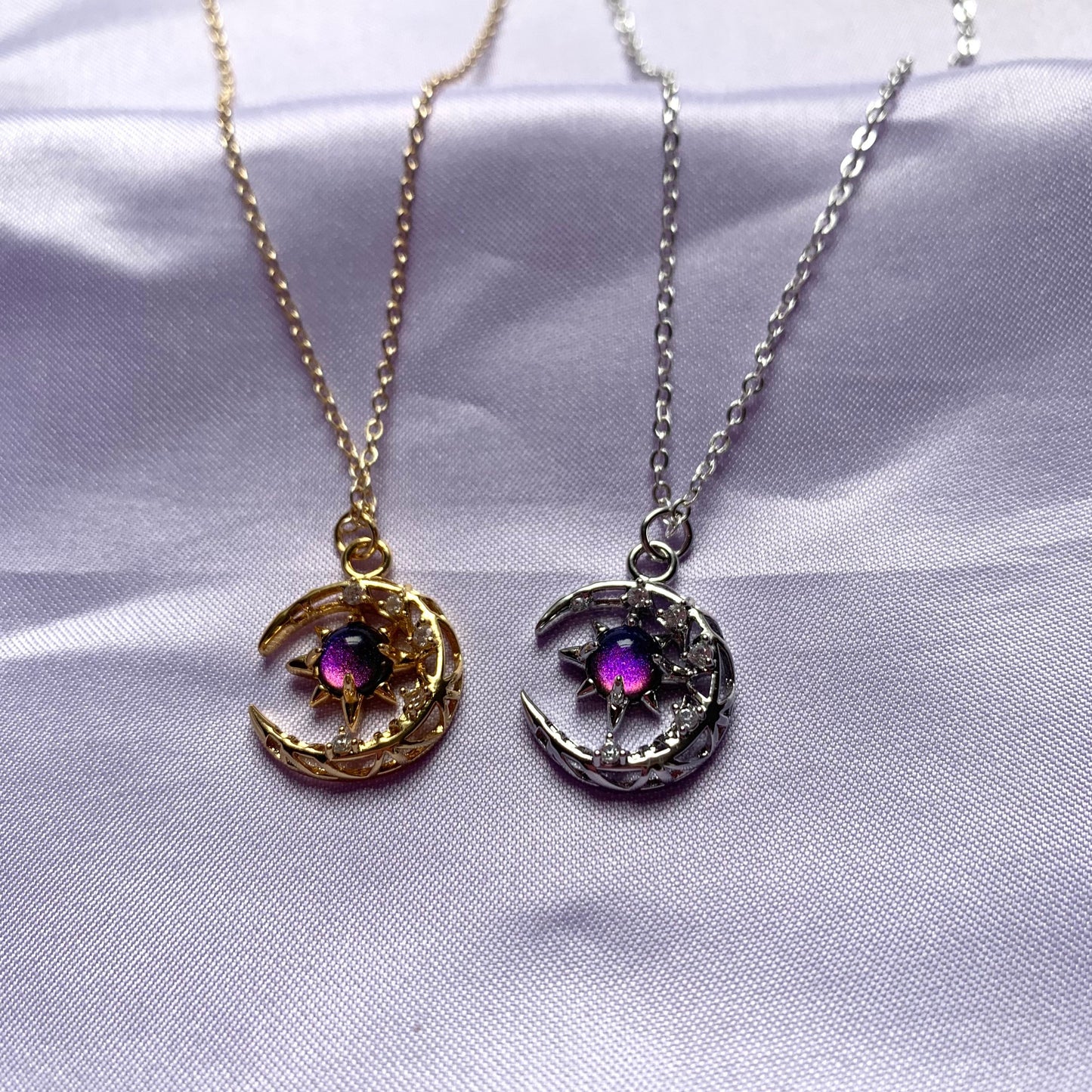 Silver or gold plated celestial moon with gemstone centre 18 inch necklace