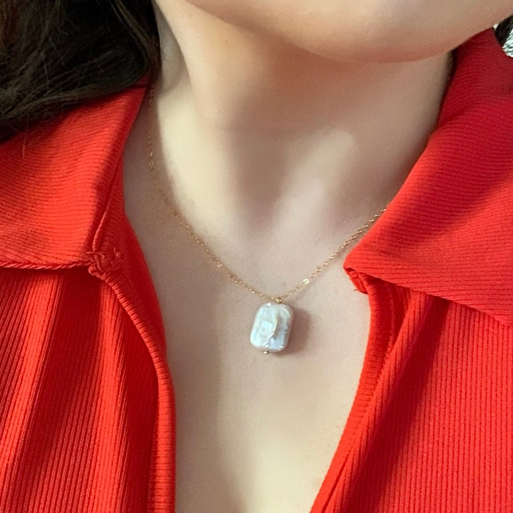 Large nucleated rectangular freshwater pearl sterling silver or 14k gold filled earrings and necklace