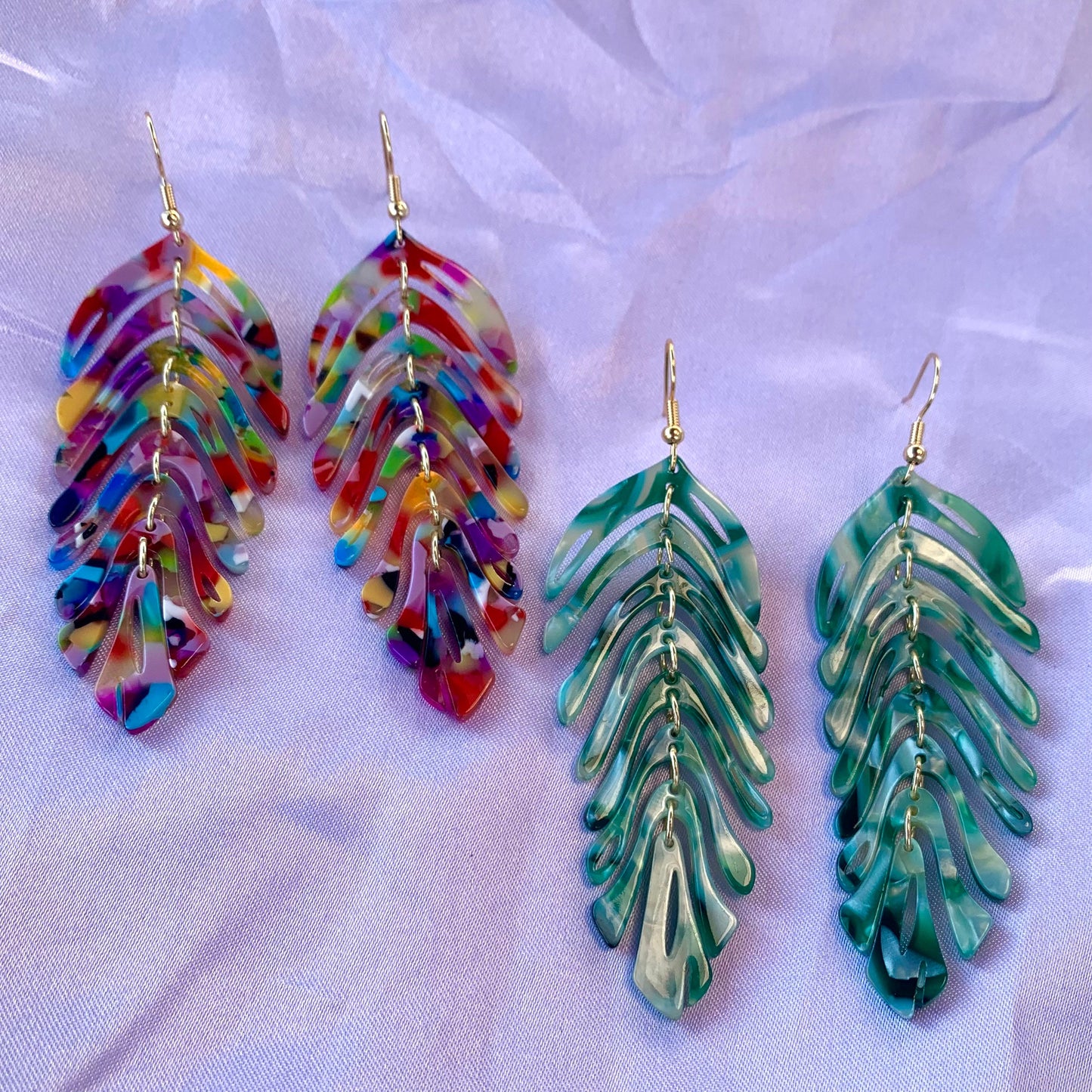 Large rainbow or green dangle gold leaf earrings