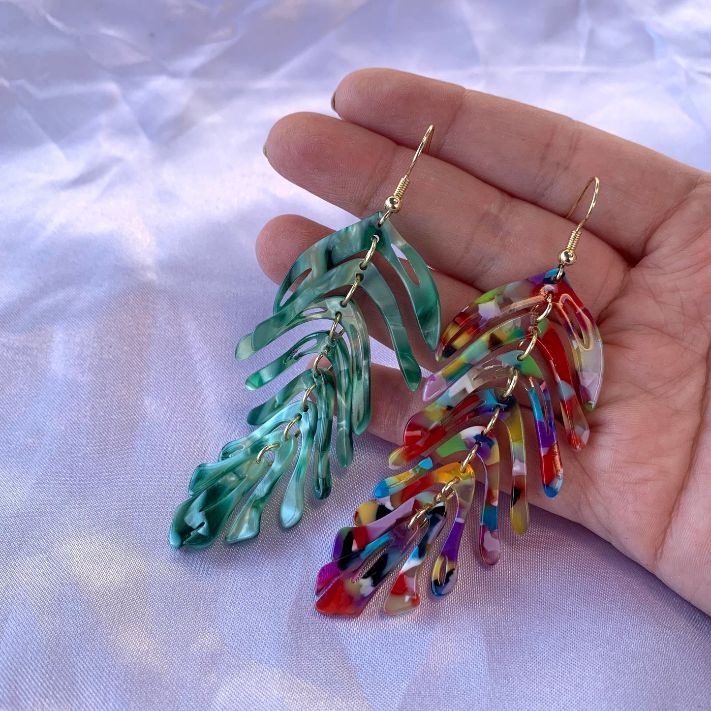 Large rainbow or green dangle gold leaf earrings