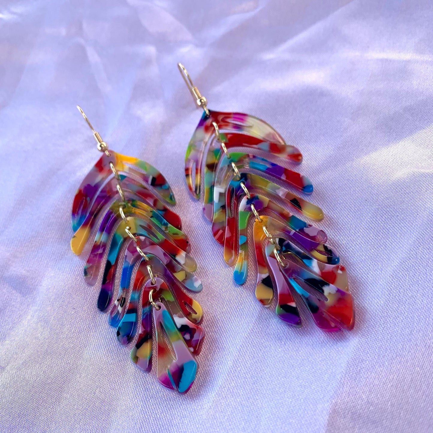 Large rainbow or green dangle gold leaf earrings