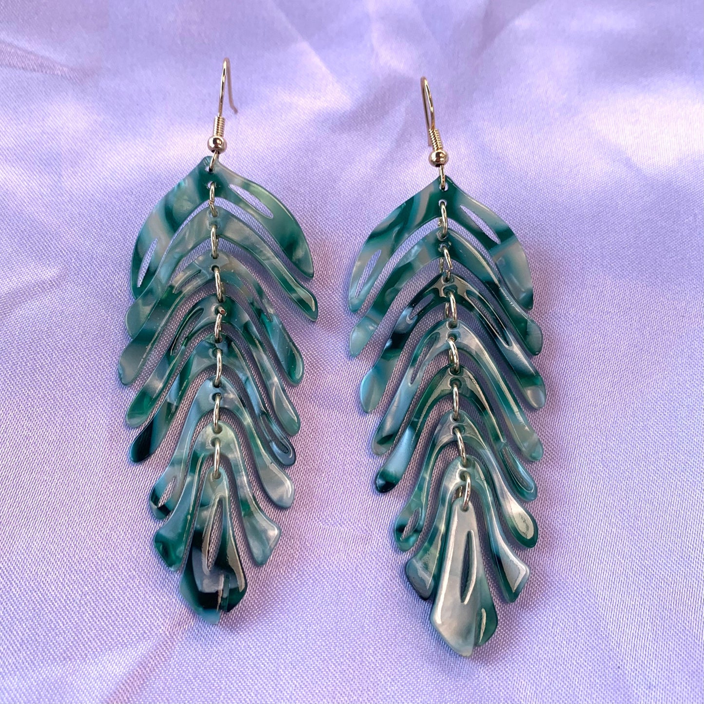 Large rainbow or green dangle gold leaf earrings