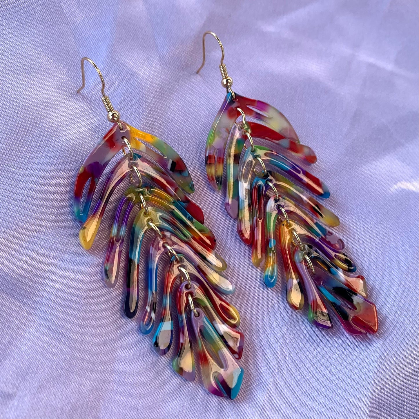 Large rainbow or green dangle gold leaf earrings