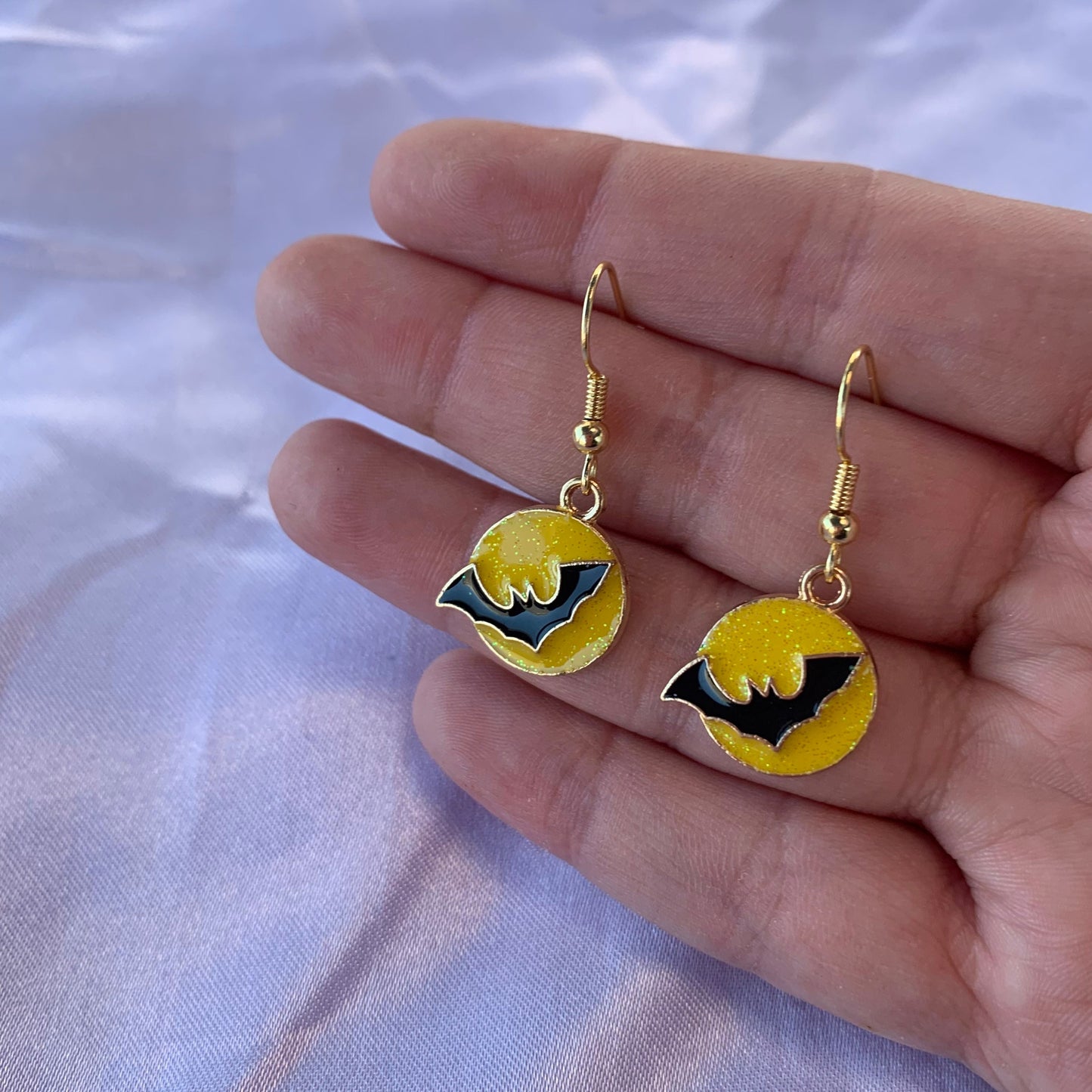 Yellow glitter black bat halloween gold dangle earrings