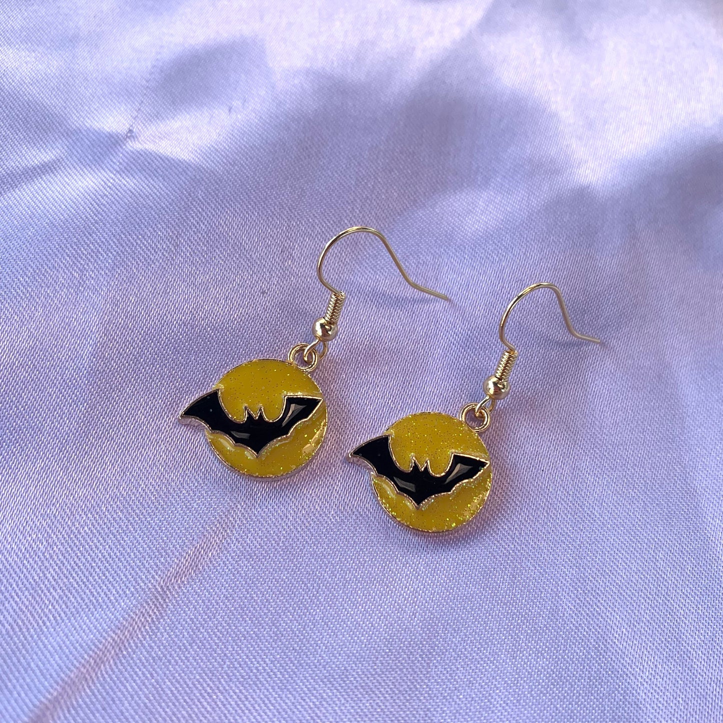 Yellow glitter black bat halloween gold dangle earrings