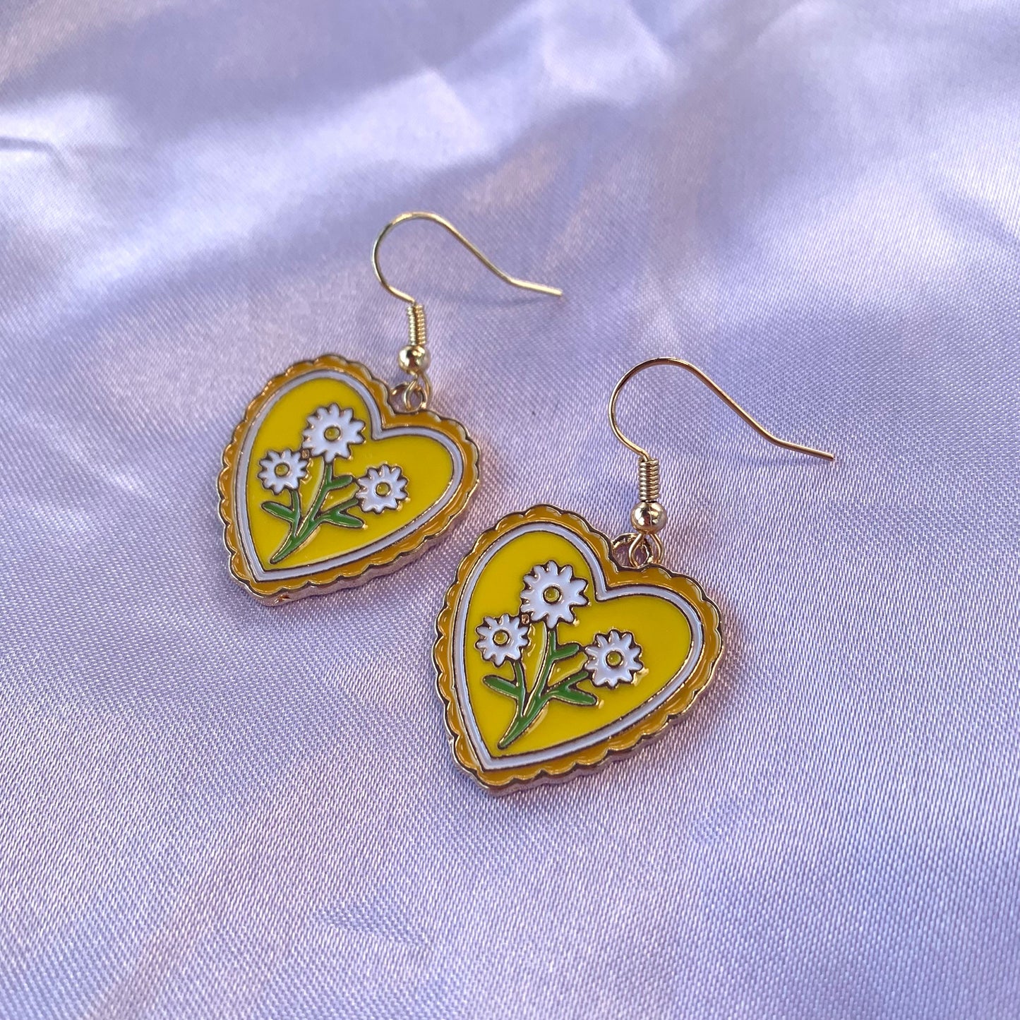Yellow heart shape gold flower drop dangle earrings