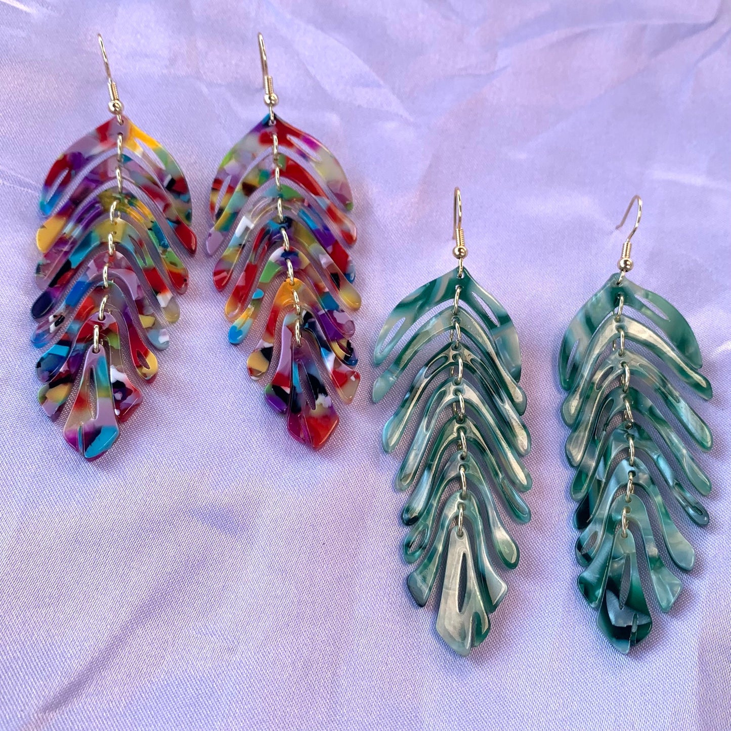 Large rainbow or green dangle gold leaf earrings