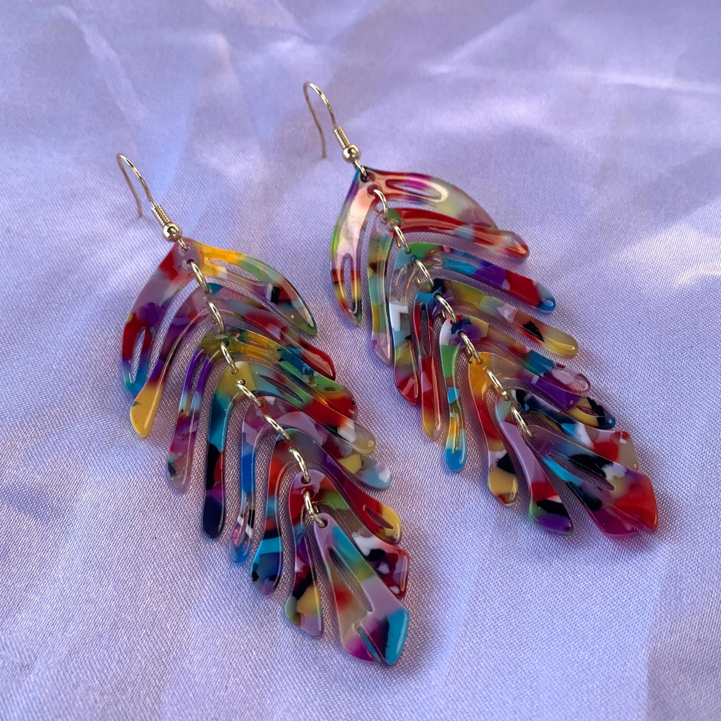 Large rainbow or green dangle gold leaf earrings