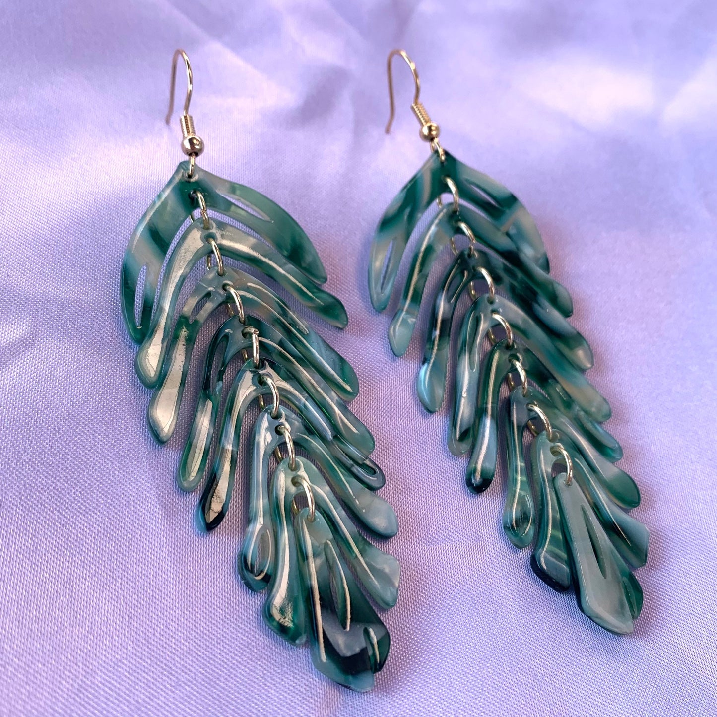 Large rainbow or green dangle gold leaf earrings