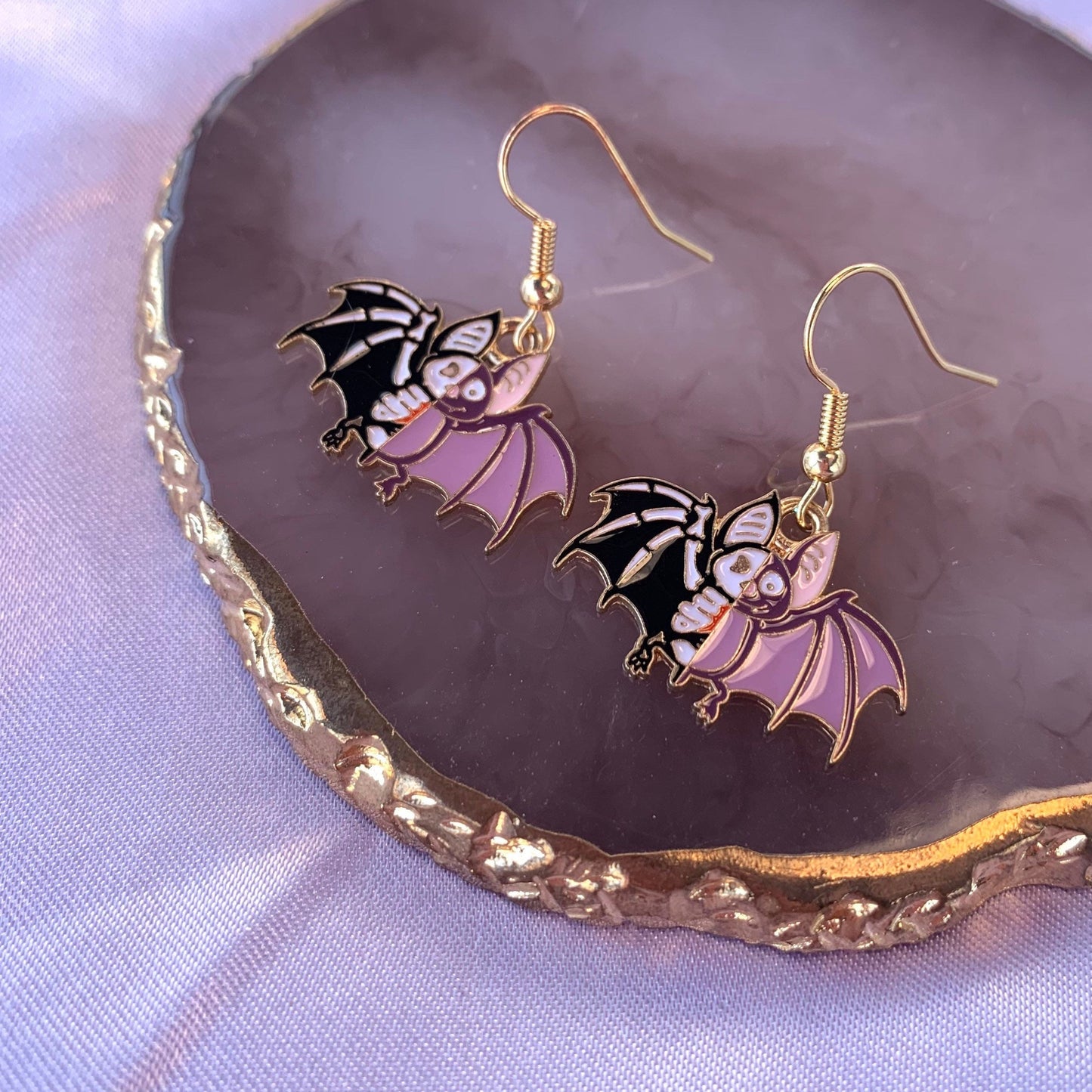 Purple bat gold halloween dangle earrings on gold plated hooks
