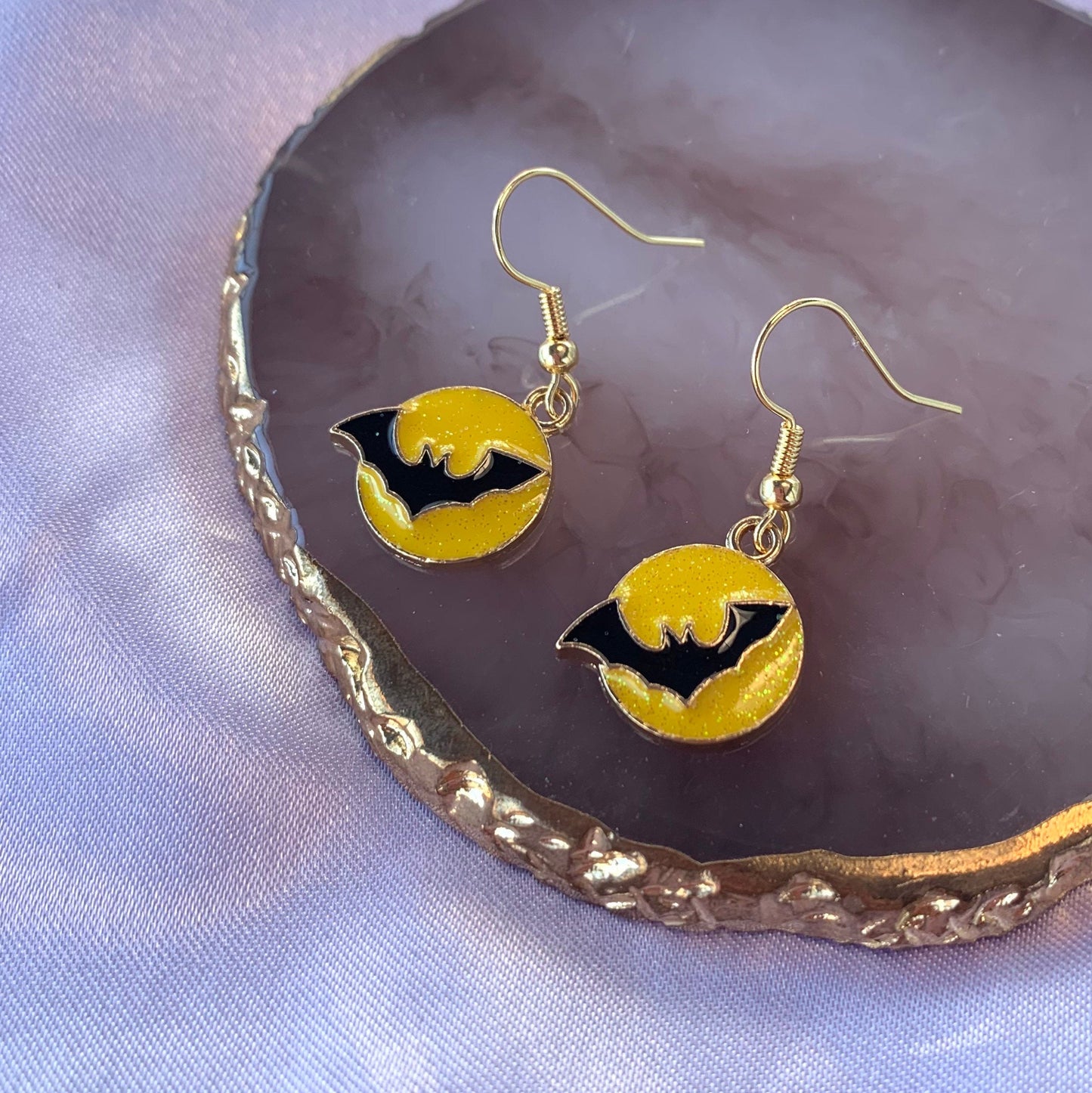 Yellow glitter black bat halloween gold dangle earrings