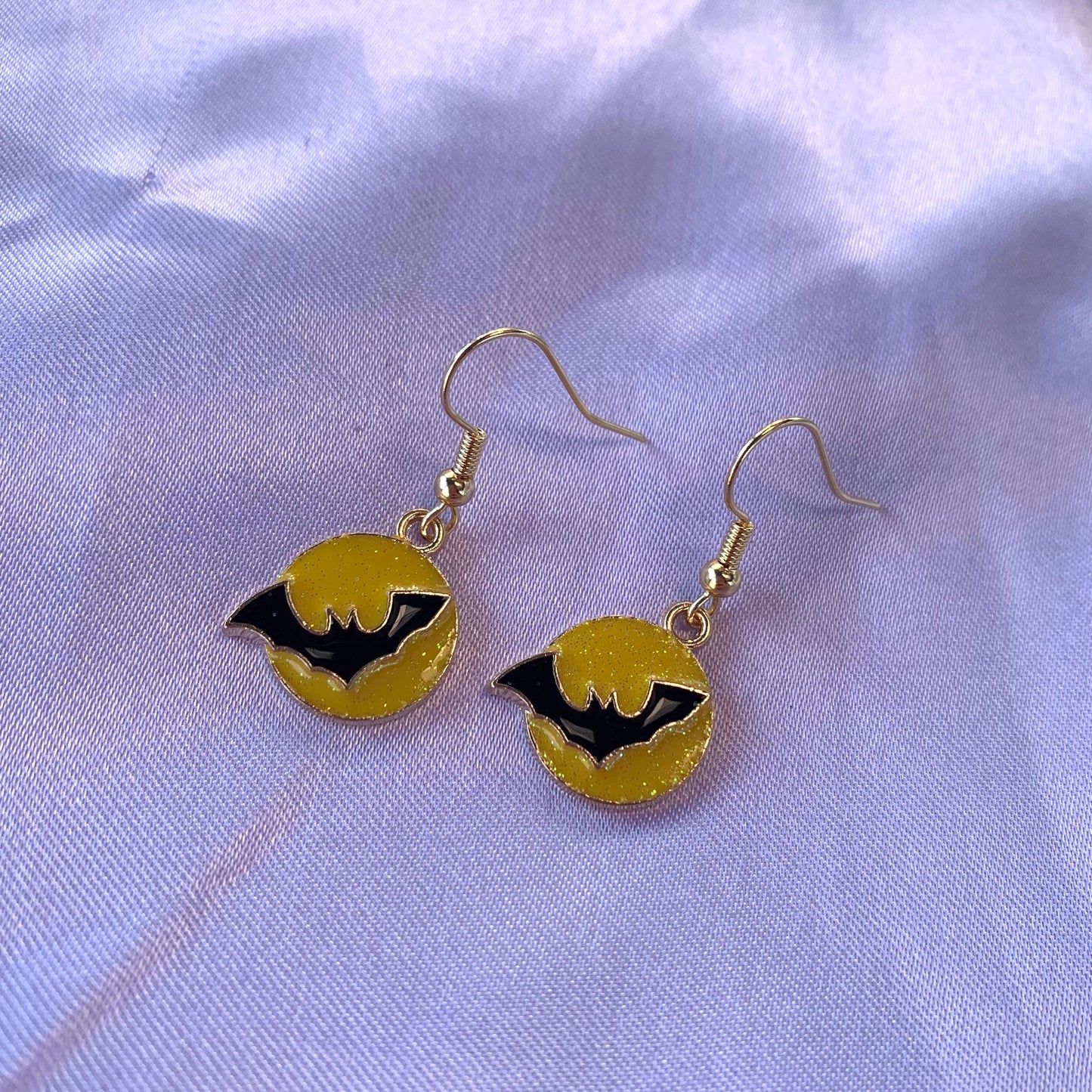 Yellow glitter black bat halloween gold dangle earrings